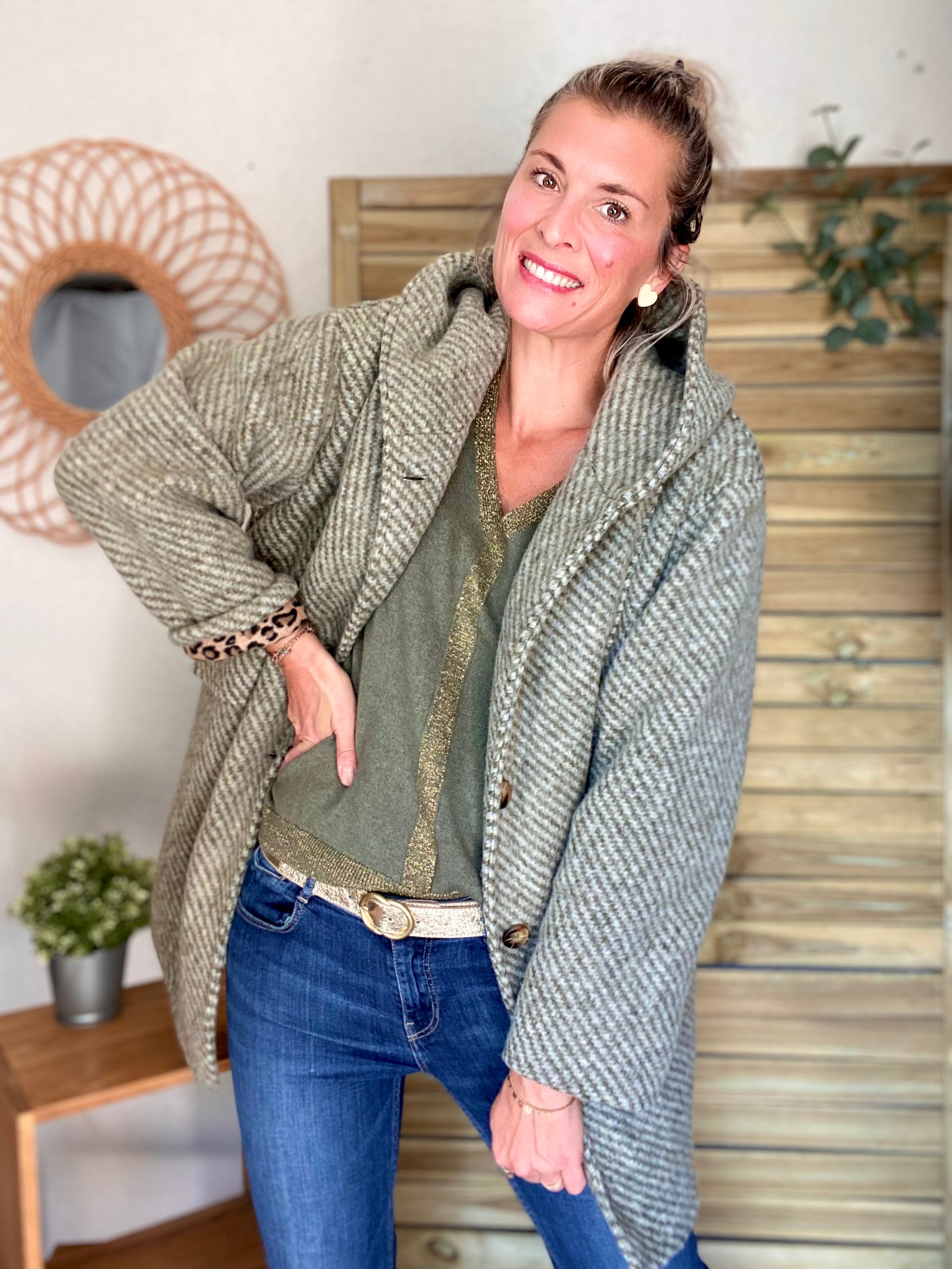 Manteau laine AGATHE avec détails Léo (étoile capuche) - Kaki - FIN DE SÉRIE