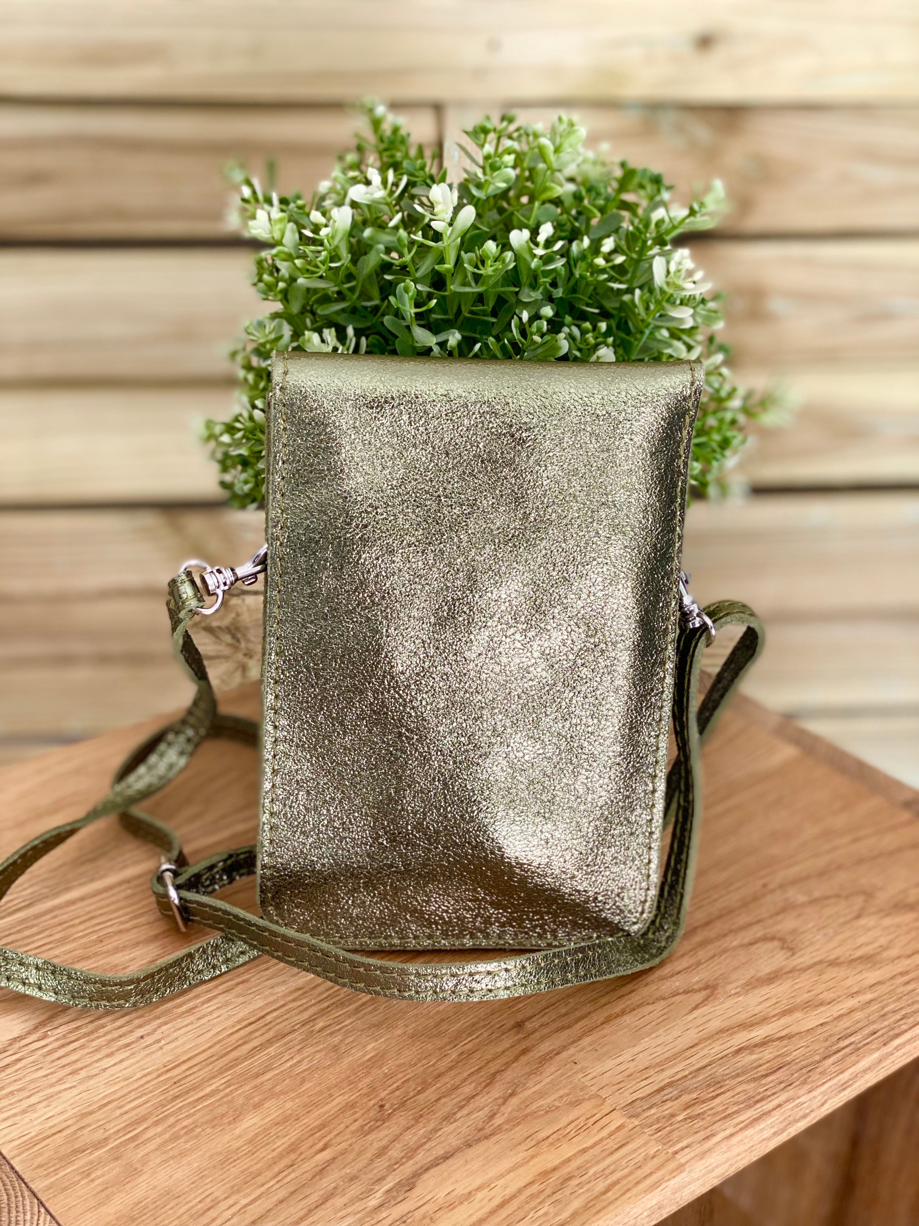 Pochette bandoulière en cuir irisé - FLORE - Kaki (7 coloris)