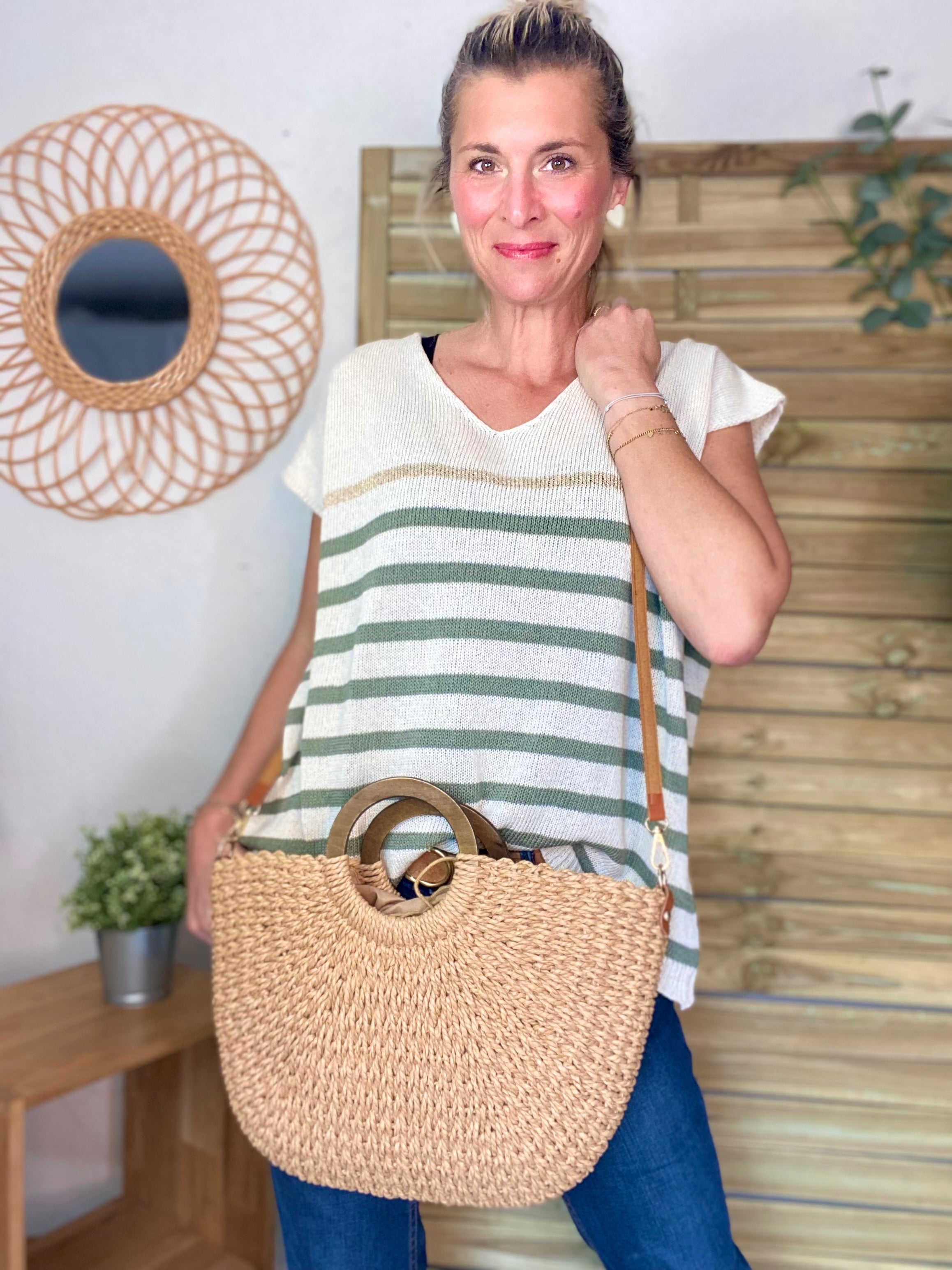 Sac à main et bandoulière en paille PAULA - Beige foncé