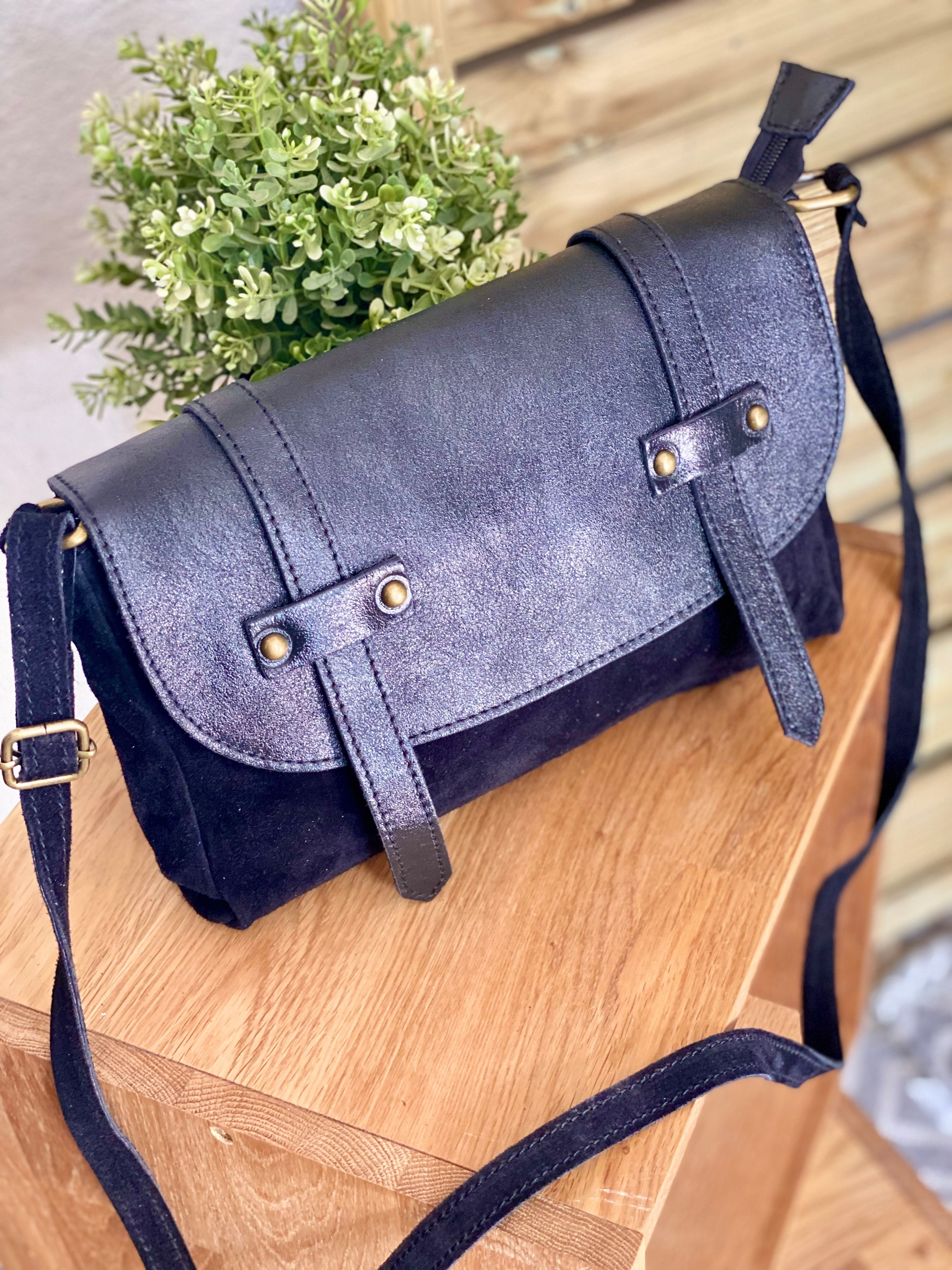 Sac bandoulière en cuir daim et irisé ESMÉE - Full Noir