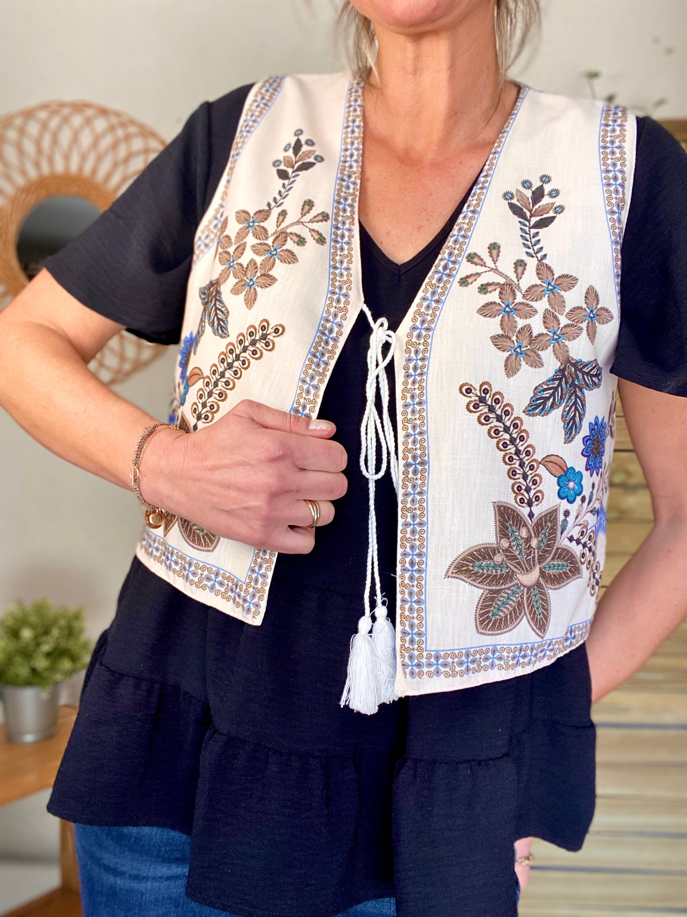 Gilet boléro fleuri Camel bleu MAXINE