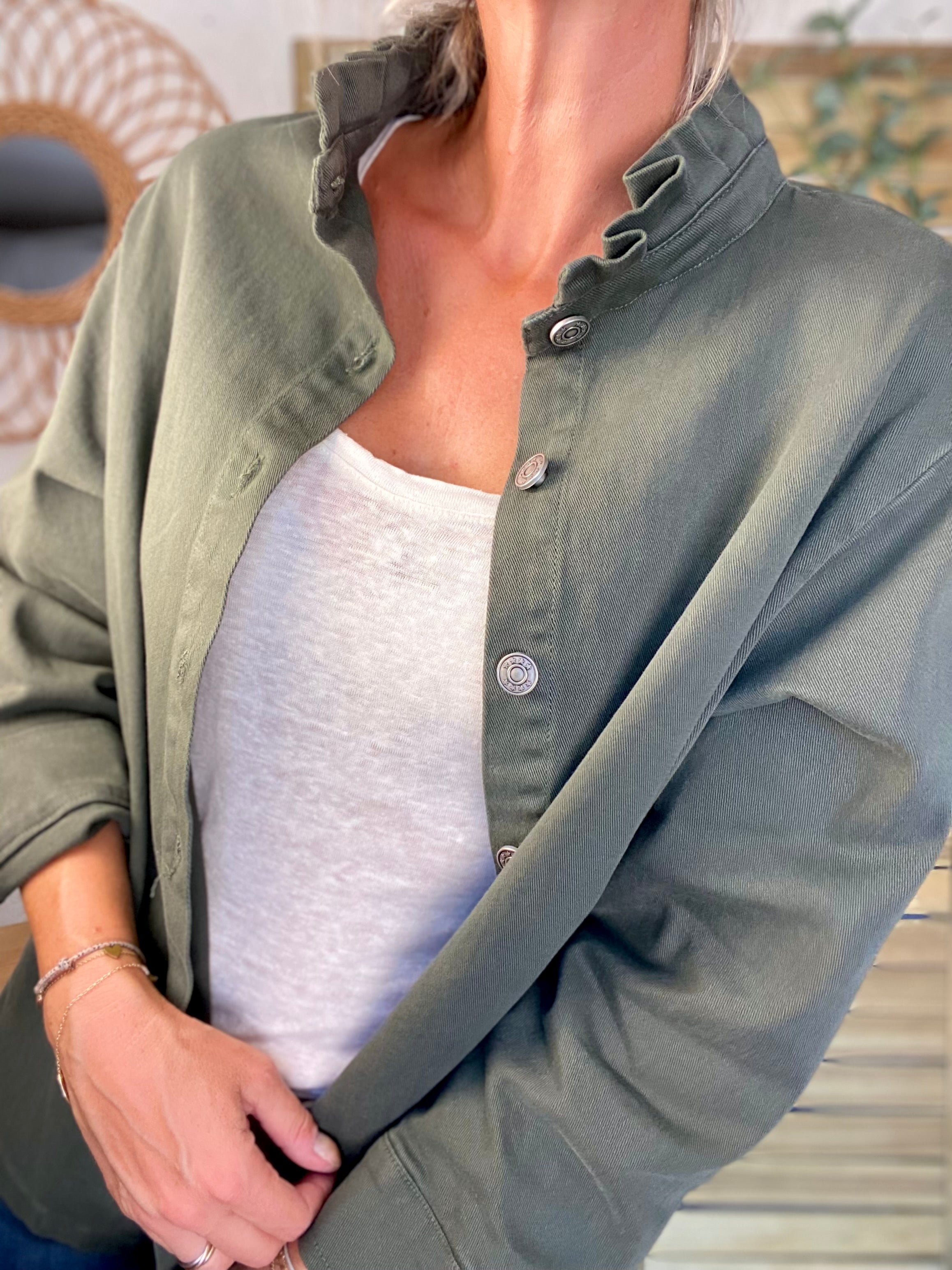 Veste / Chemise en coton, col volanté Kaki LISON