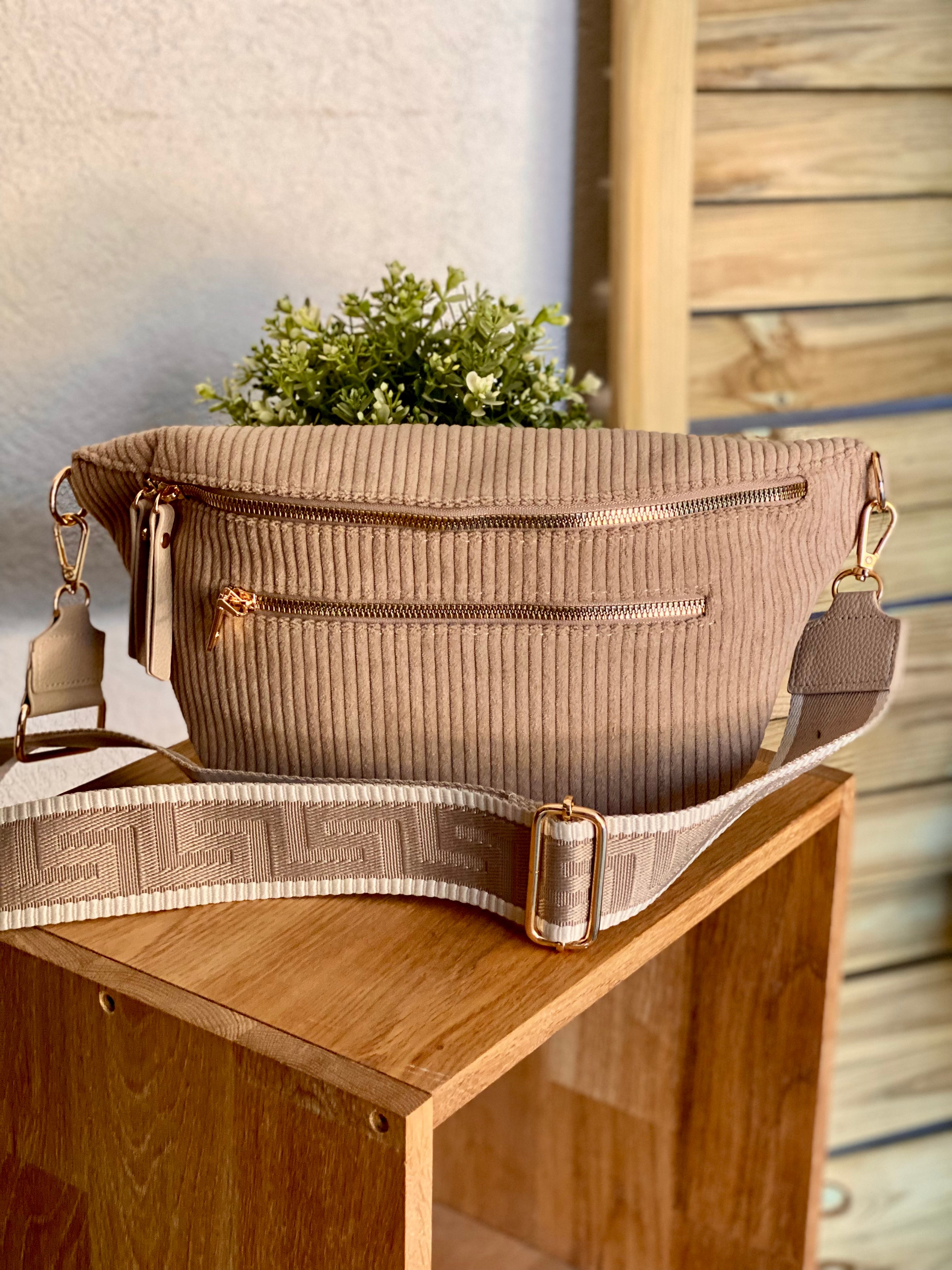 Sac banane XL en velours côtelé 2 zips et sangle fantaisie - WENDY - Taupe