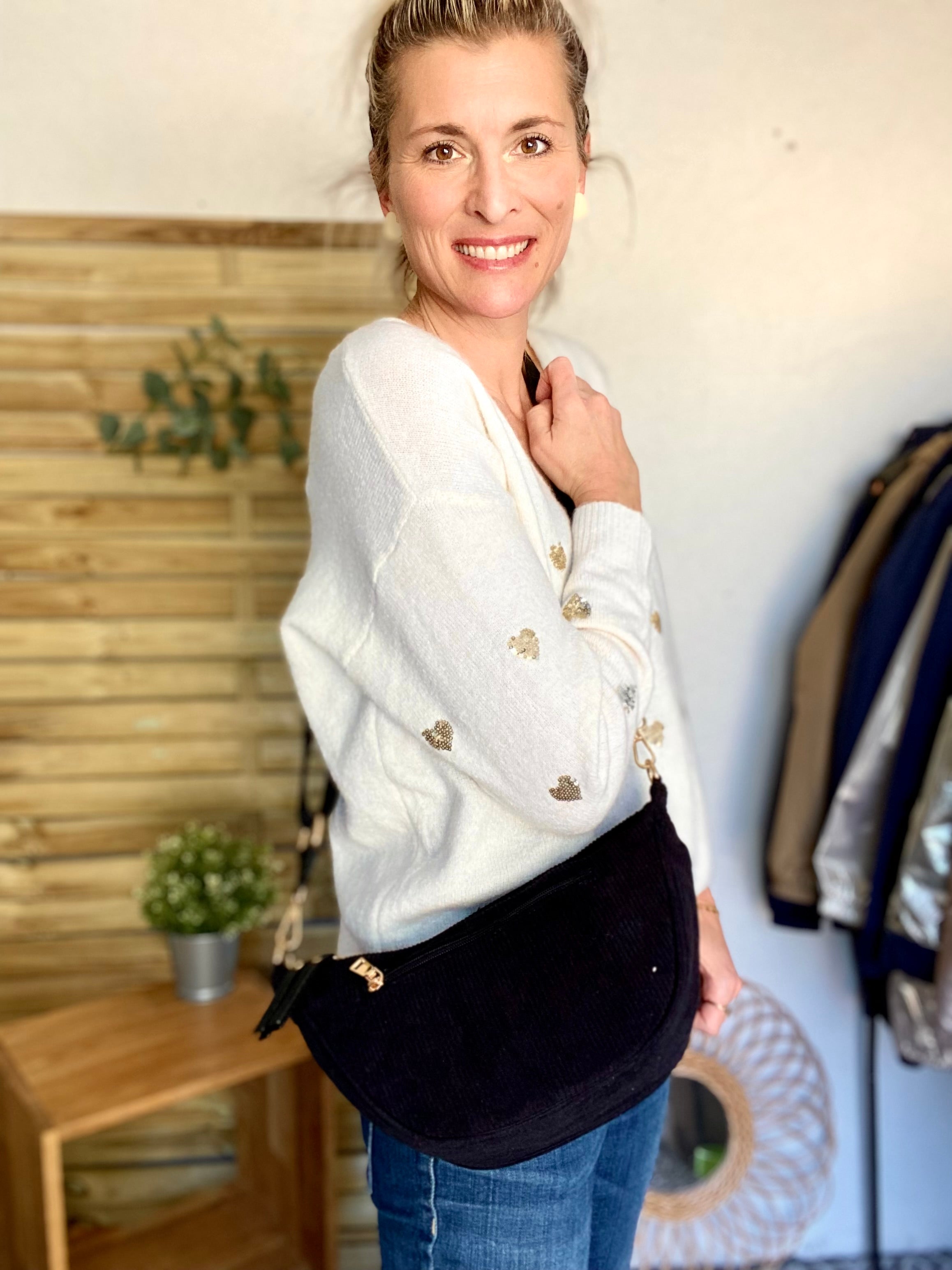 Sac besace demi-lune XL velours côtelé - AMY - Noir