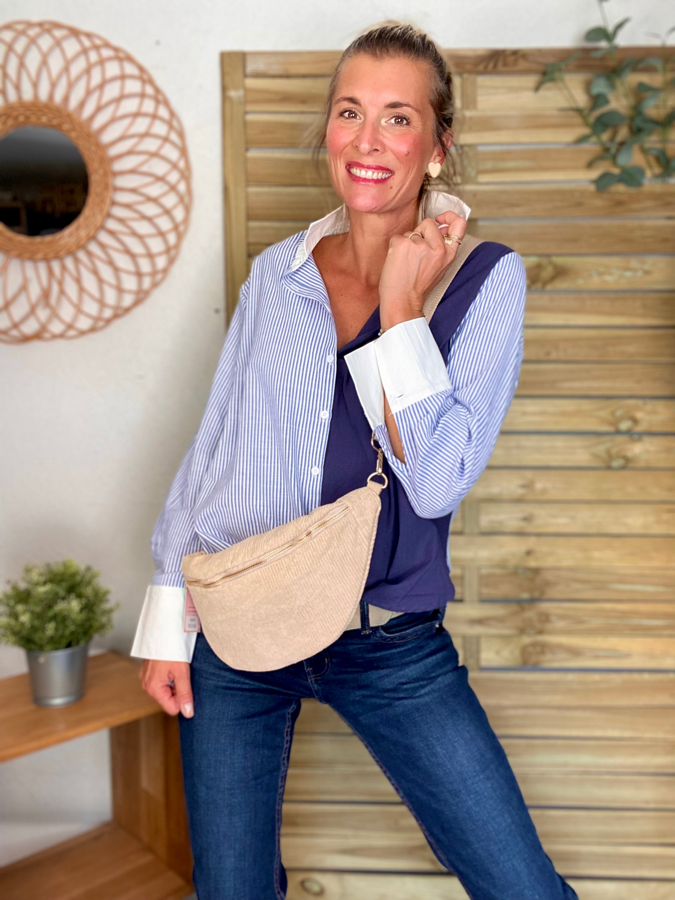 Chemise en coton rayée et uni JULIETTE - Bleue