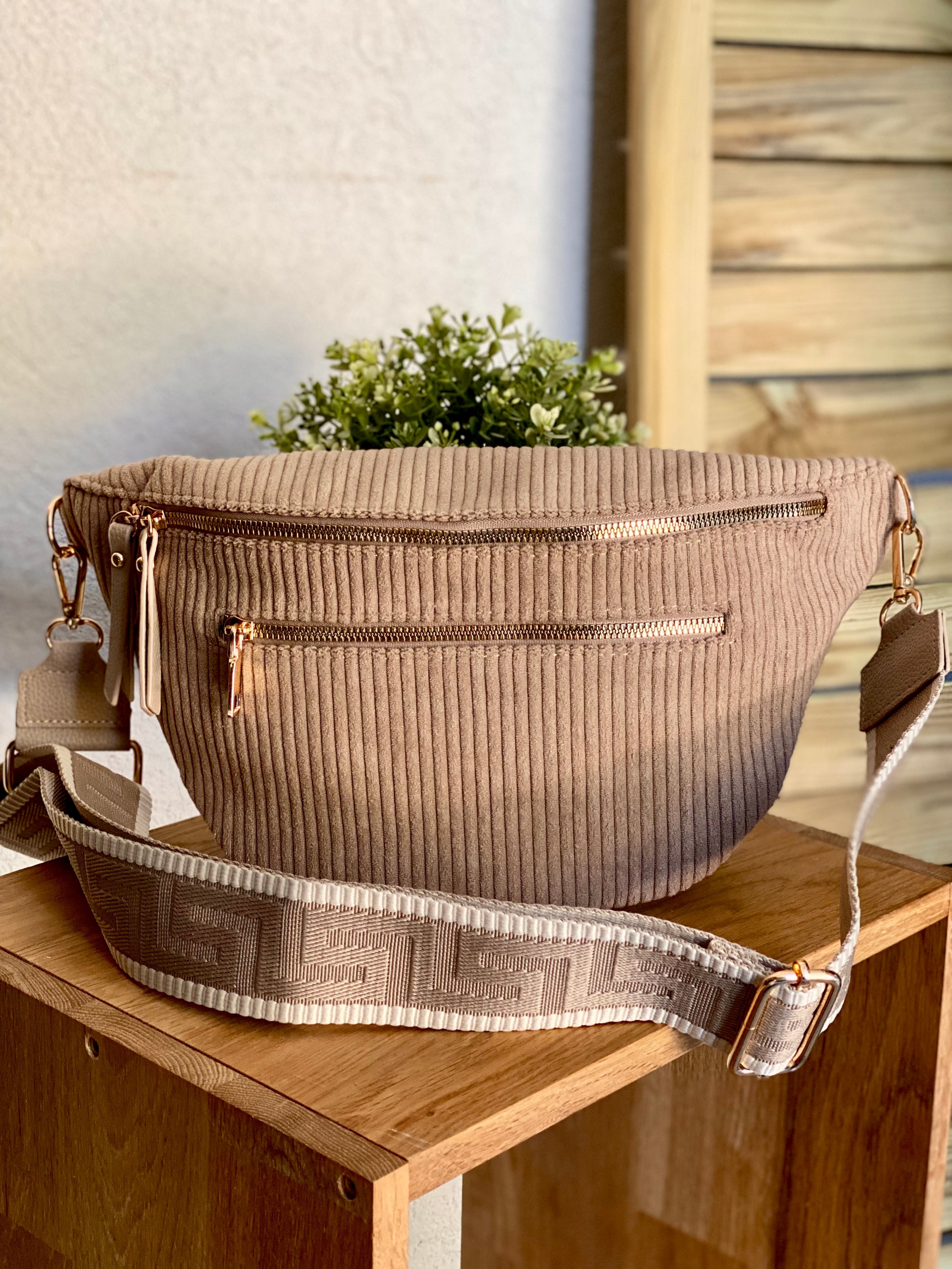 Sac banane XL en velours côtelé 2 zips et sangle fantaisie - WENDY - Taupe