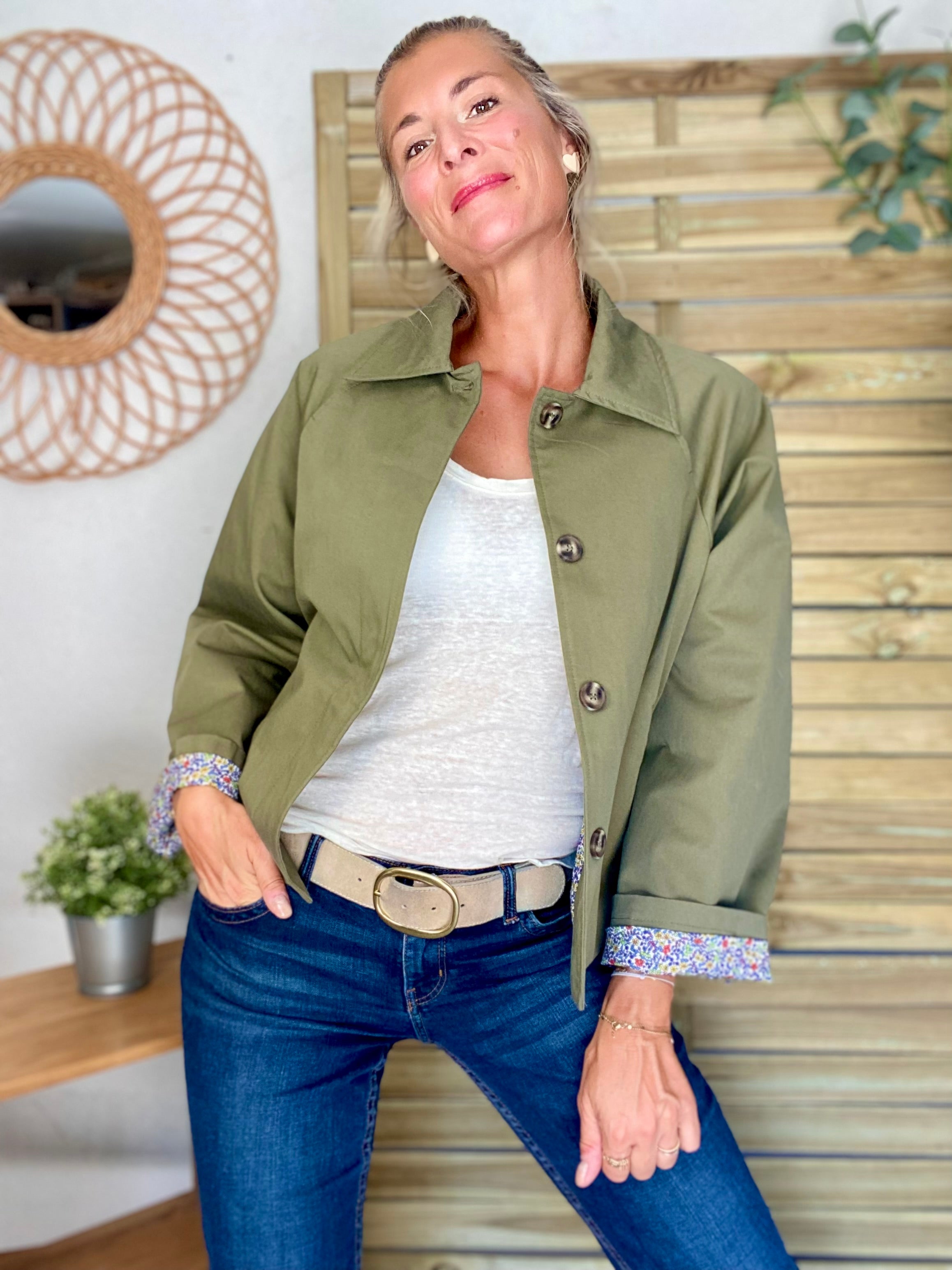 Veste Trench en coton kaki avec Liberty - MAHAUT