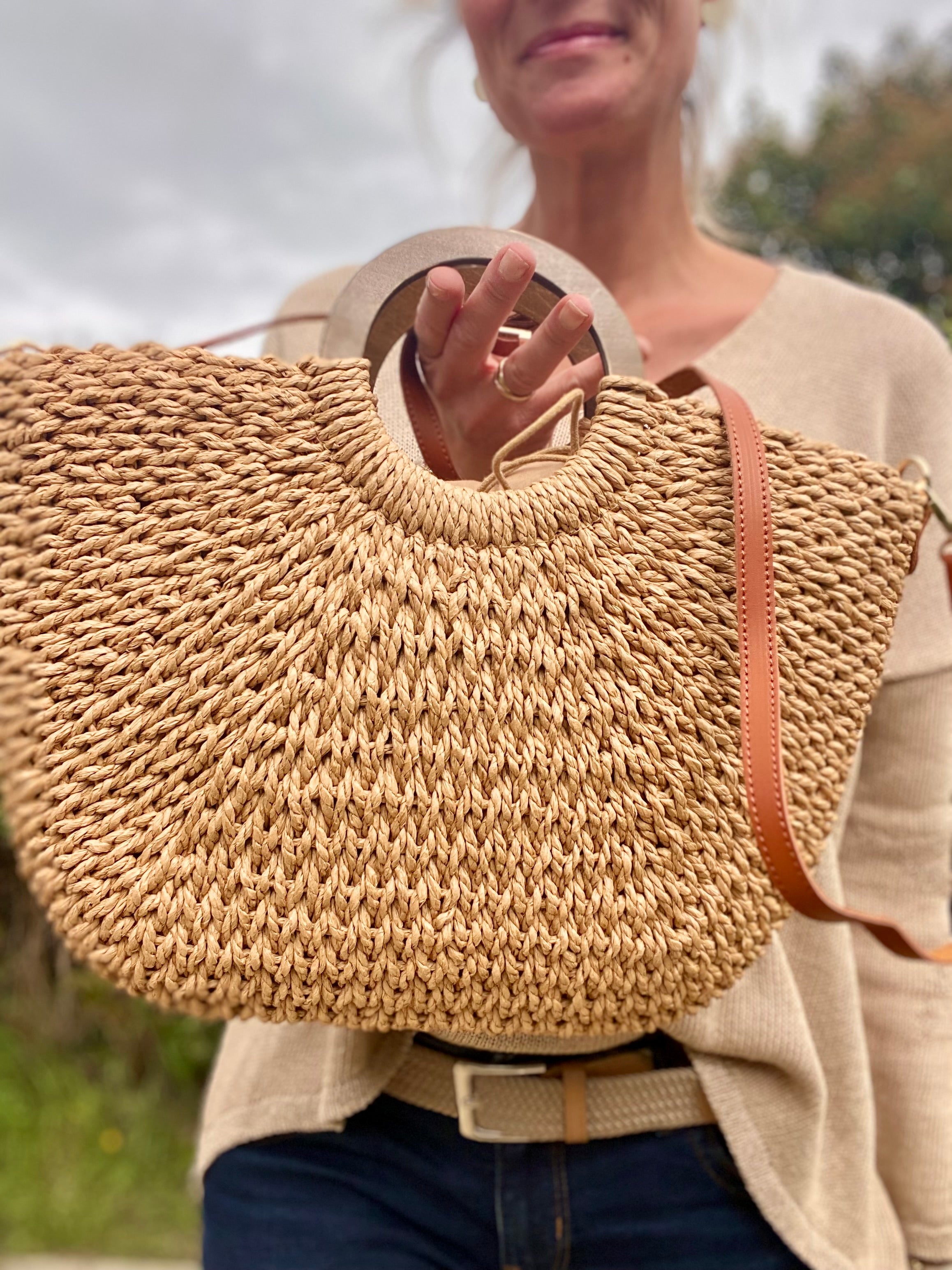 Sac à main et bandoulière en paille PAULA - Beige foncé