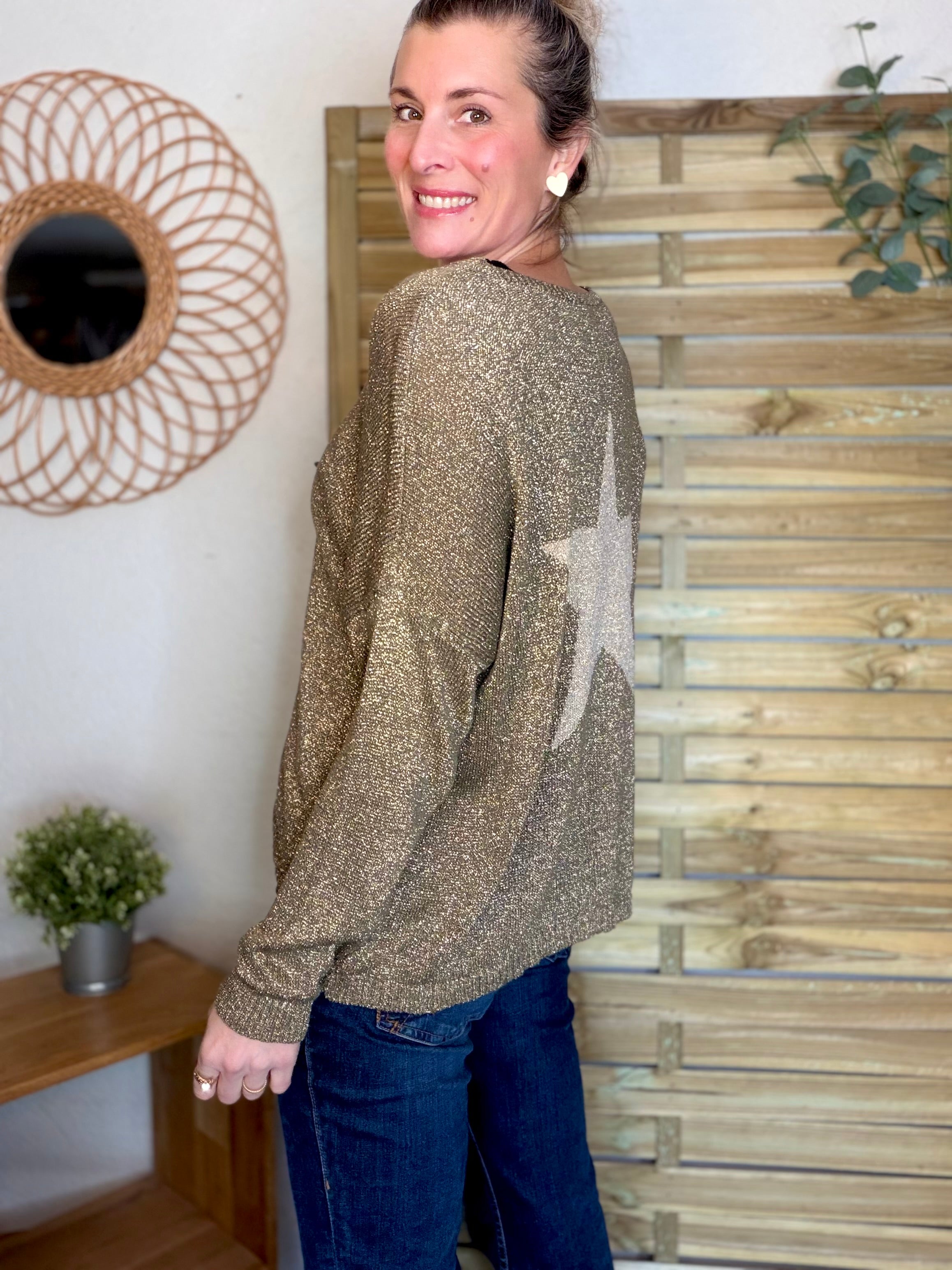Pull maille lurex et étoile ⭐️ POLLY - Kaki / Doré