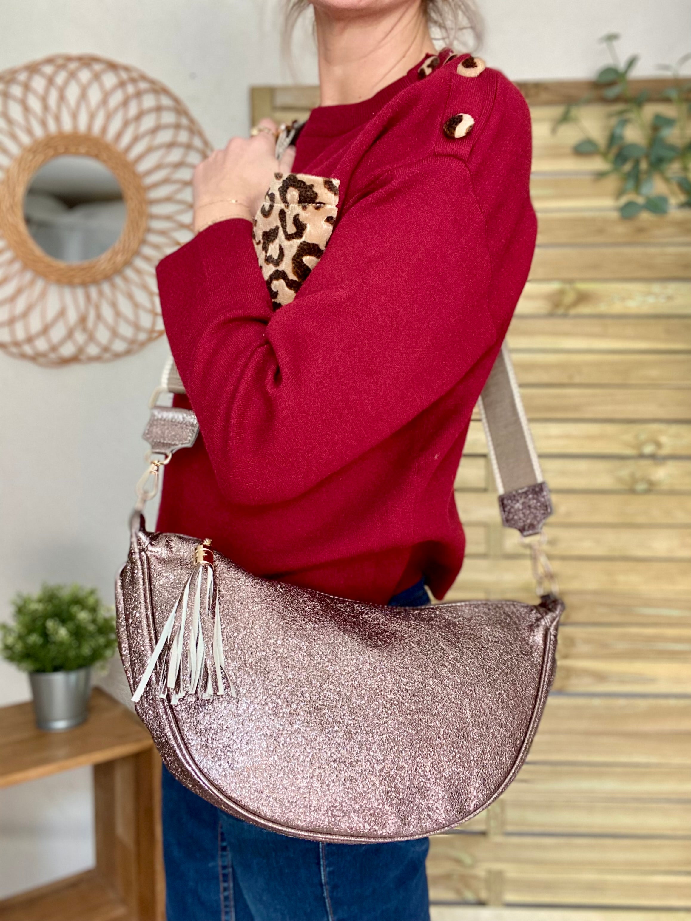 Sac besace demi-lune XL irisé, sangle fantaisie - AMY - Bronze