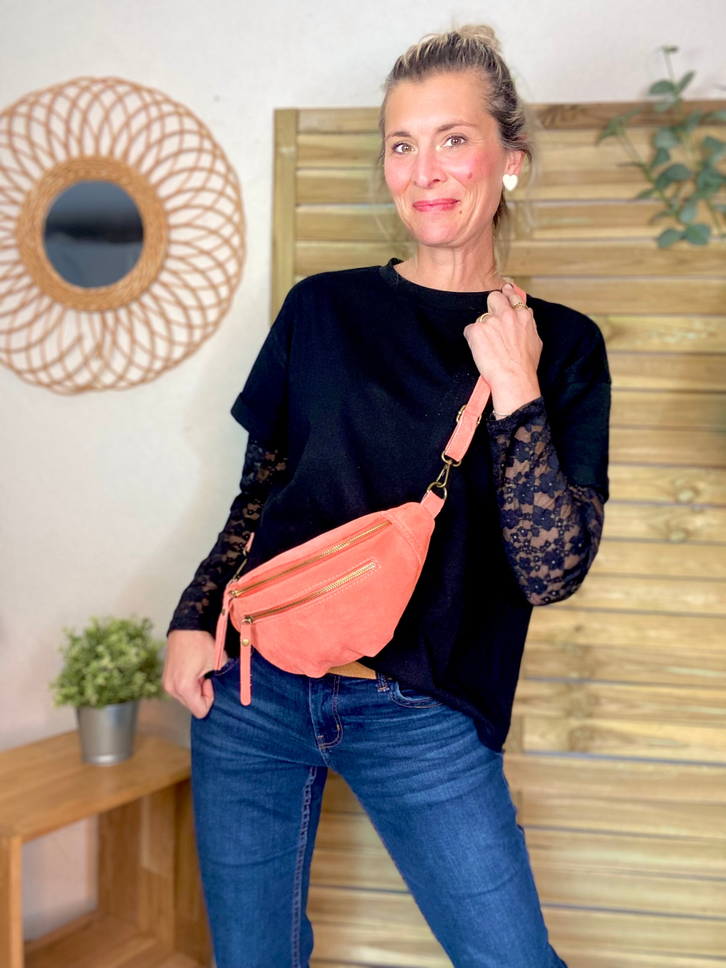 Sac banane double poche en cuir daim - OPALINE - Corail