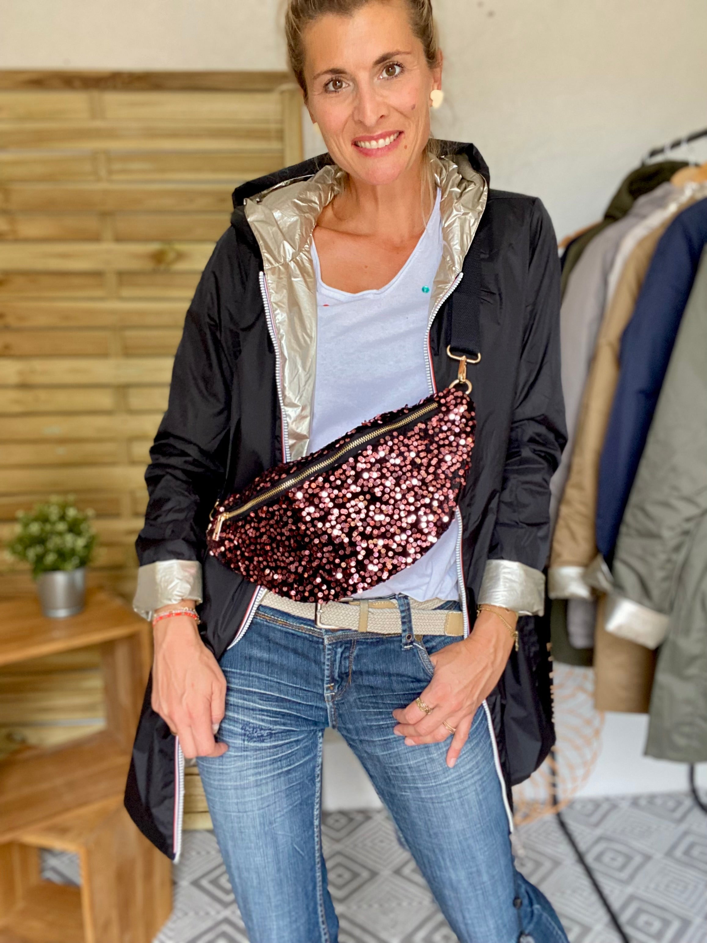Sac banane L velours à sequins Ciao Boum - TAYLOR - Noir à sequins champagne / rosés