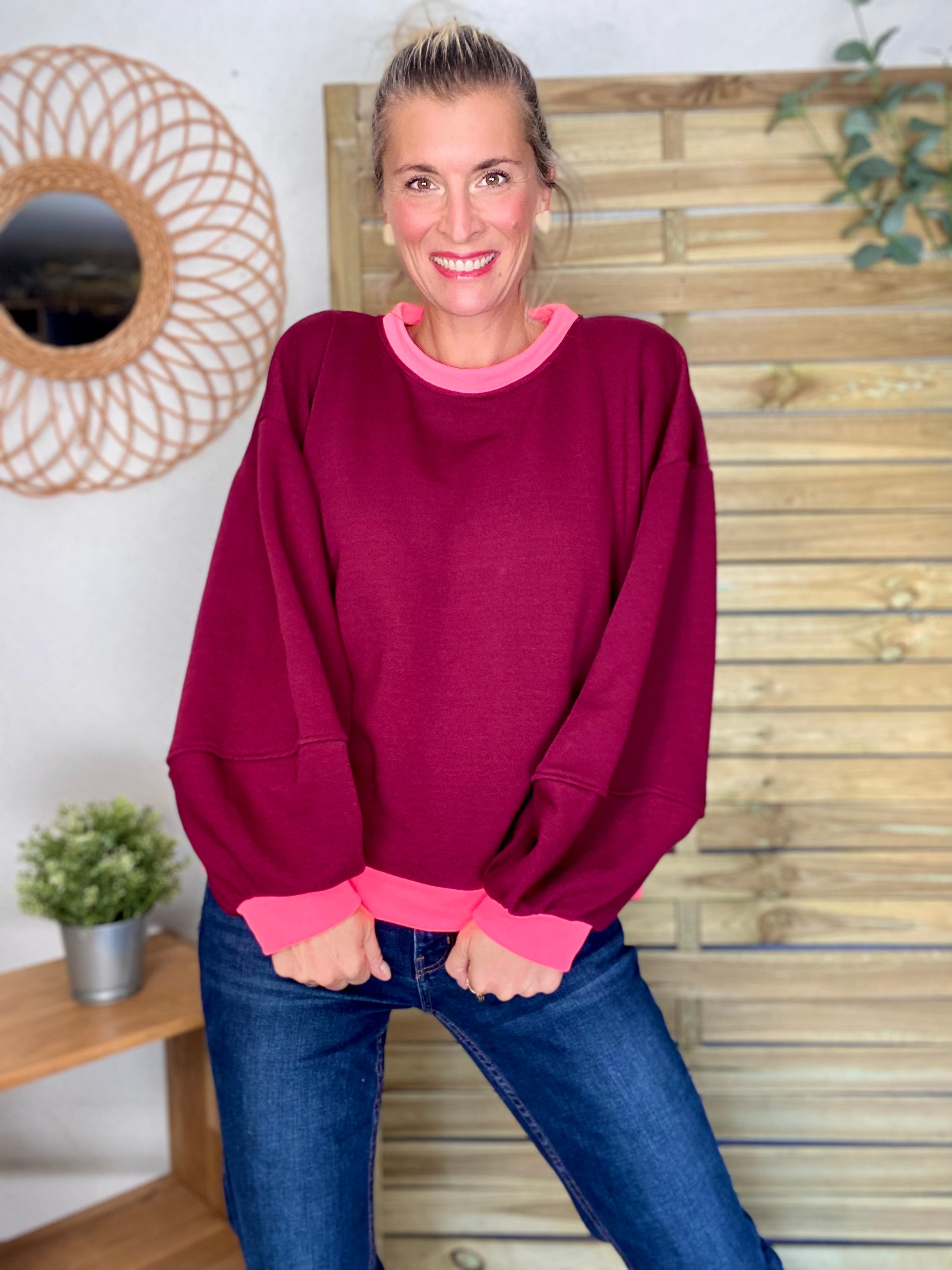 Sweat oversize uni Bordeaux/Rose fluo ISALINE