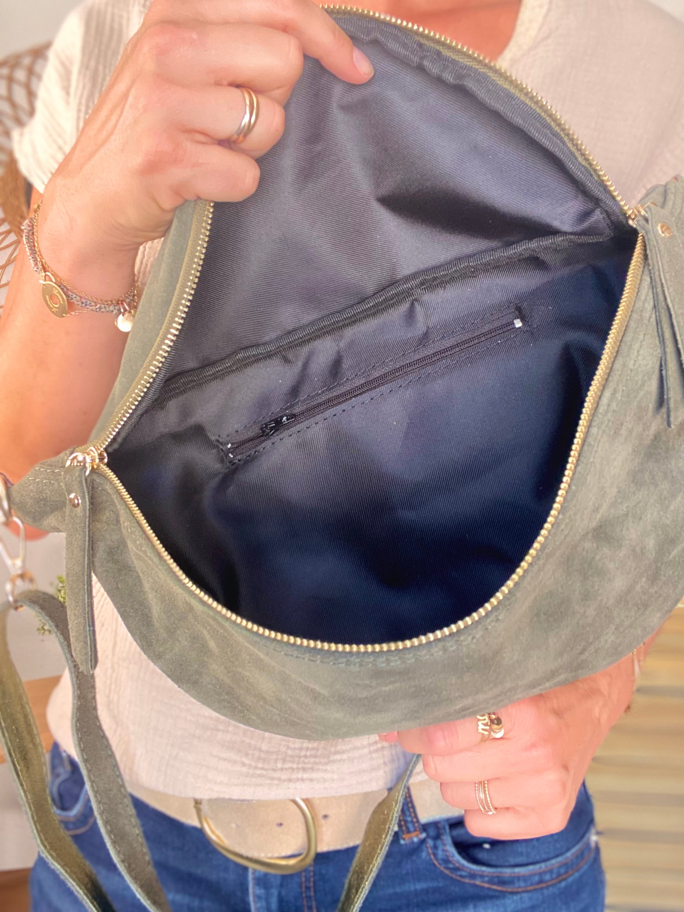 Sac banane XL en croite de cuir - JANE - Kaki