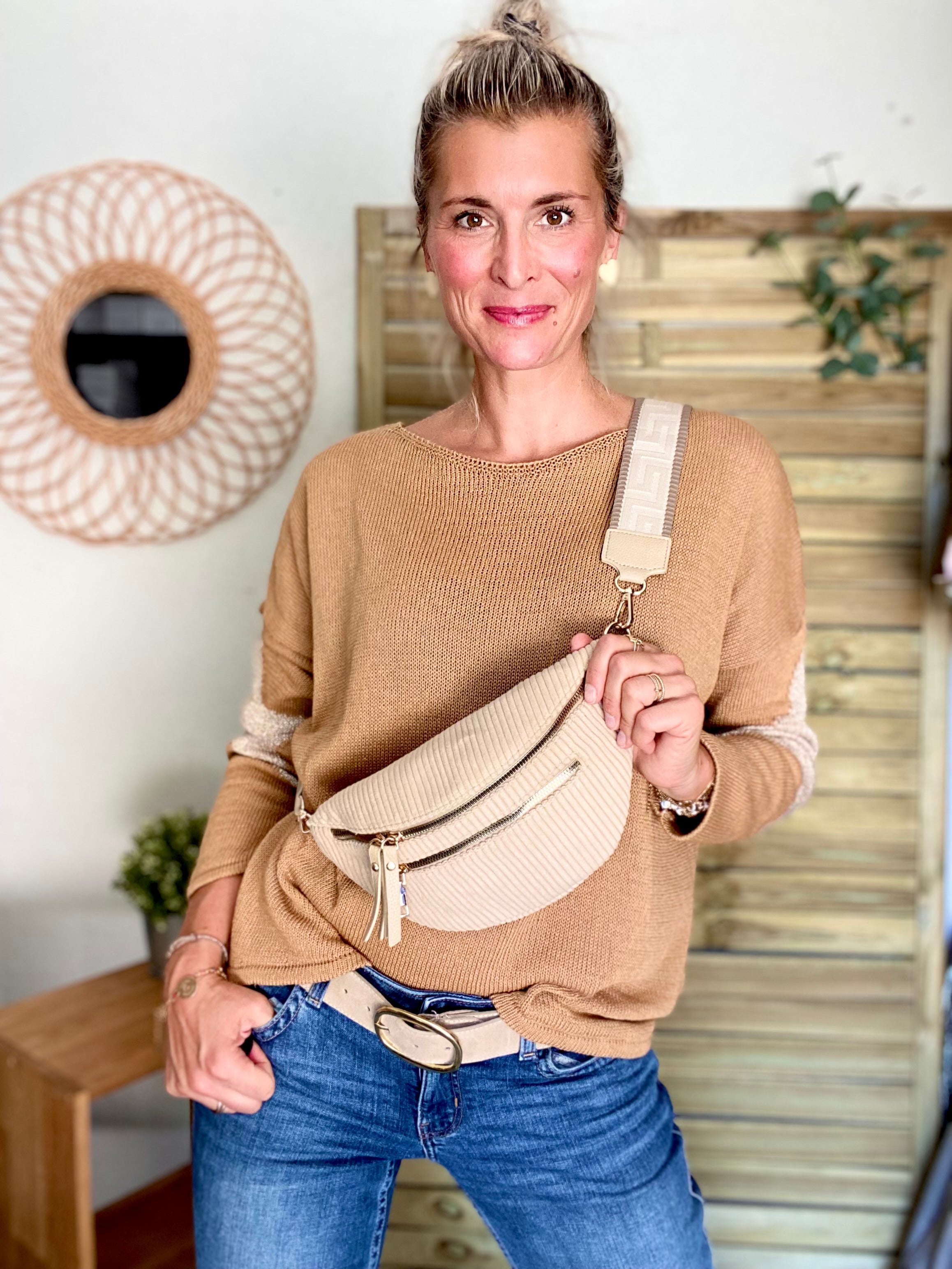 Sac banane en velours côtelé 2 zips et sangle fantaisie - CHARLY - Beige moyen (côtelé large)