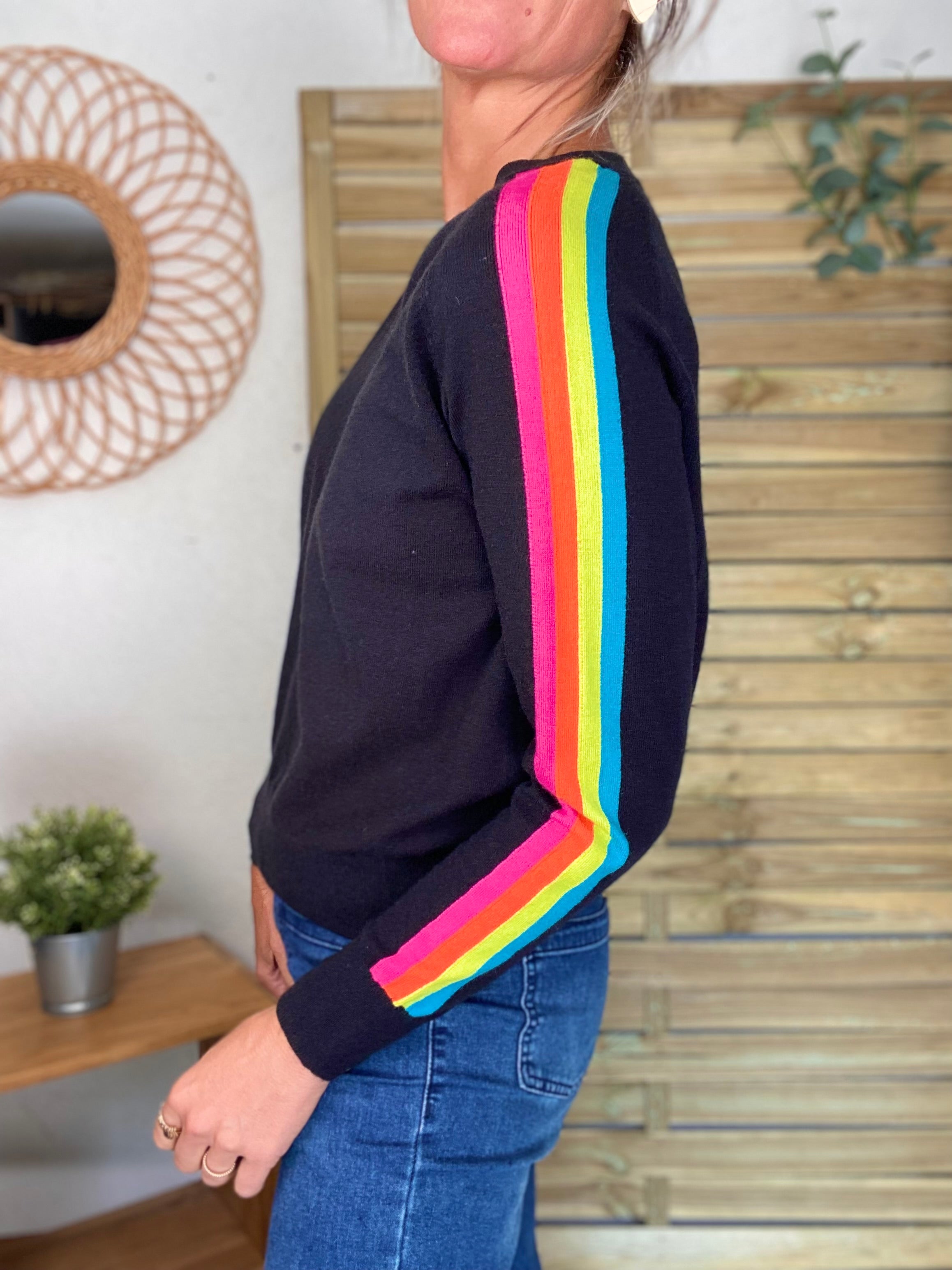 Pull fin avec bandes colorées, col V - RAINBOW 🌈 Noir