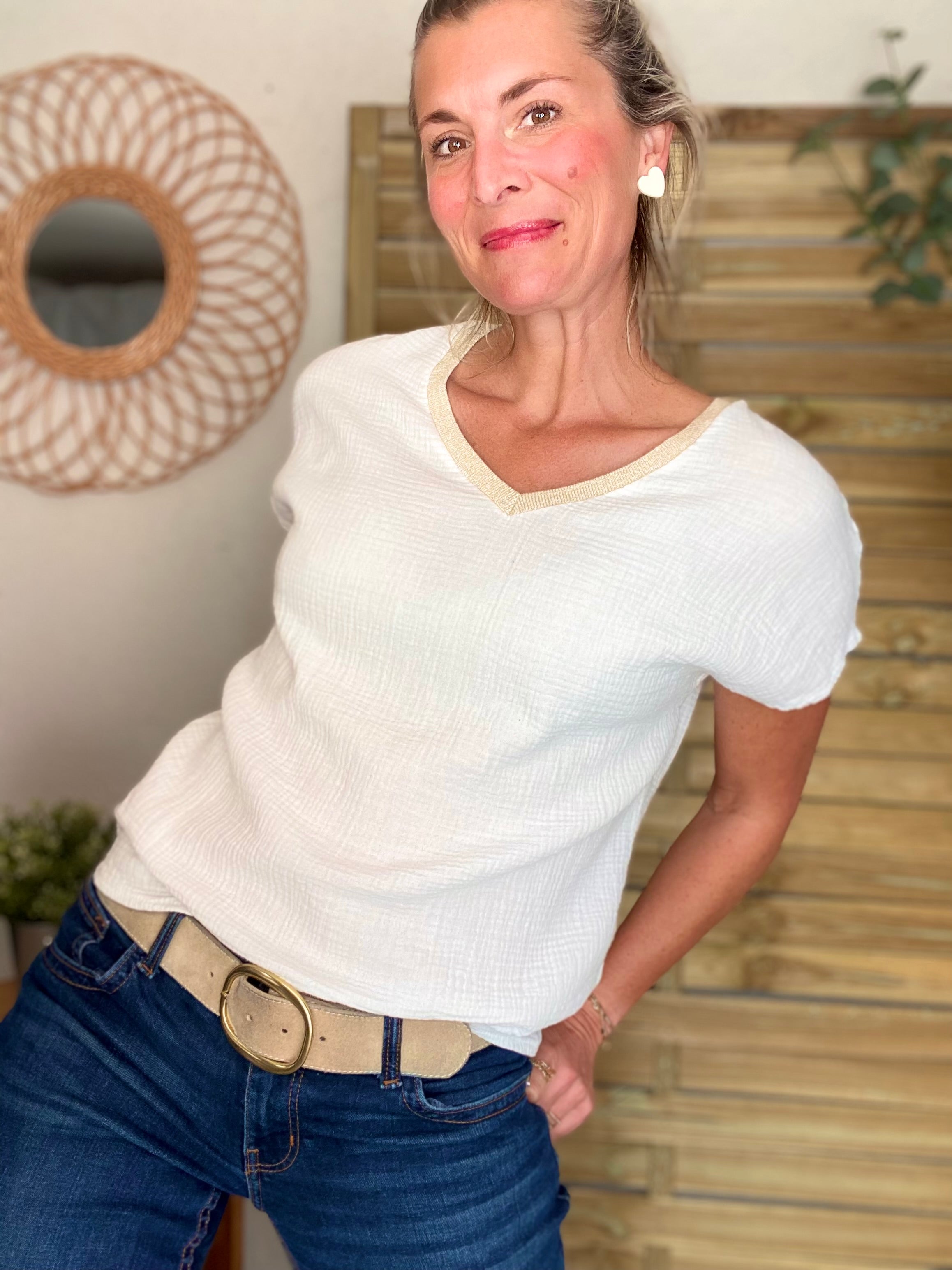 Précommande Expédition mi mai - Top en gaze de coton et lurex MARTA - Blanc