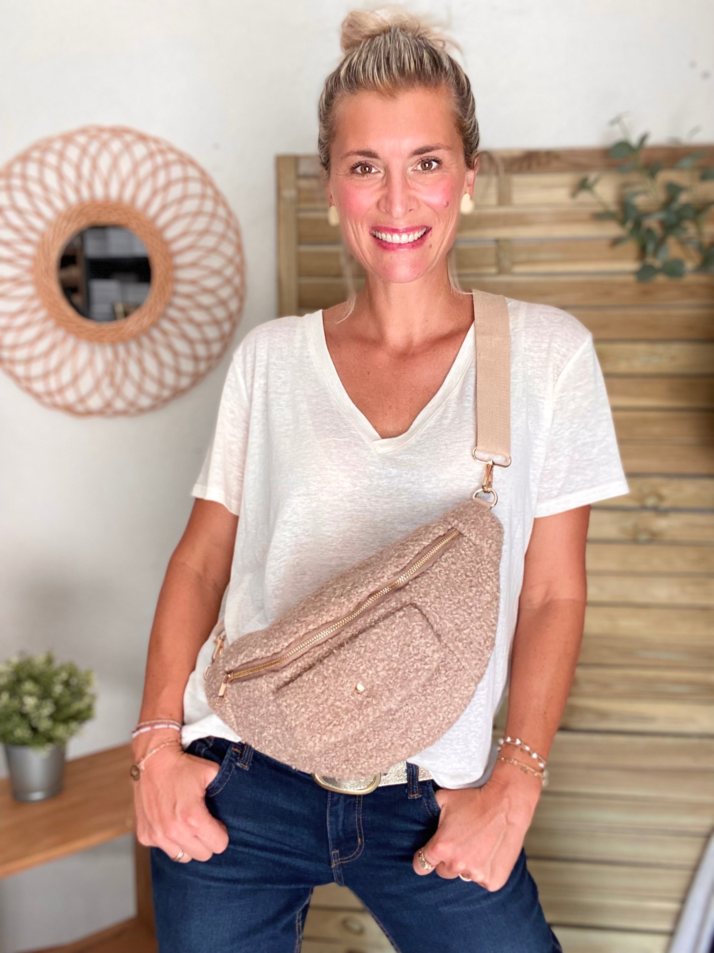 Sac banane XL moumoute lurex avec poche avant - CHELSEA - Beige taupe