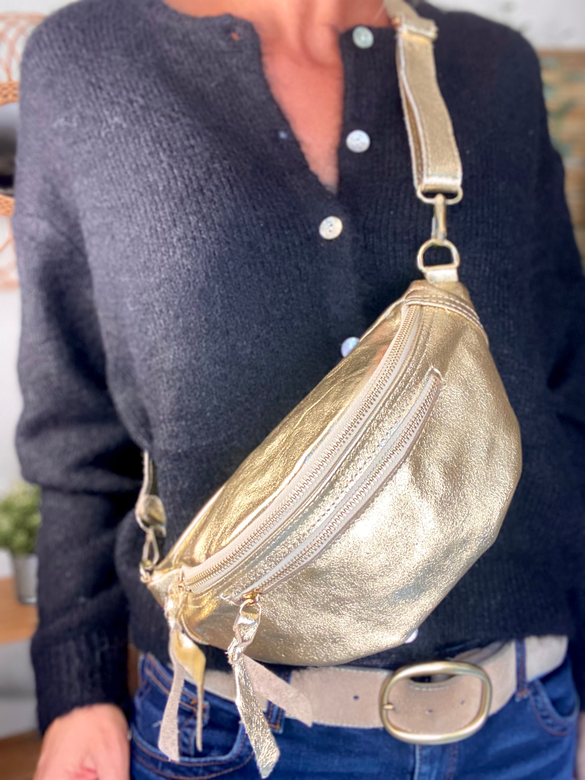 Sac banane en cuir irisé double poche - OPALE - Doré / doré