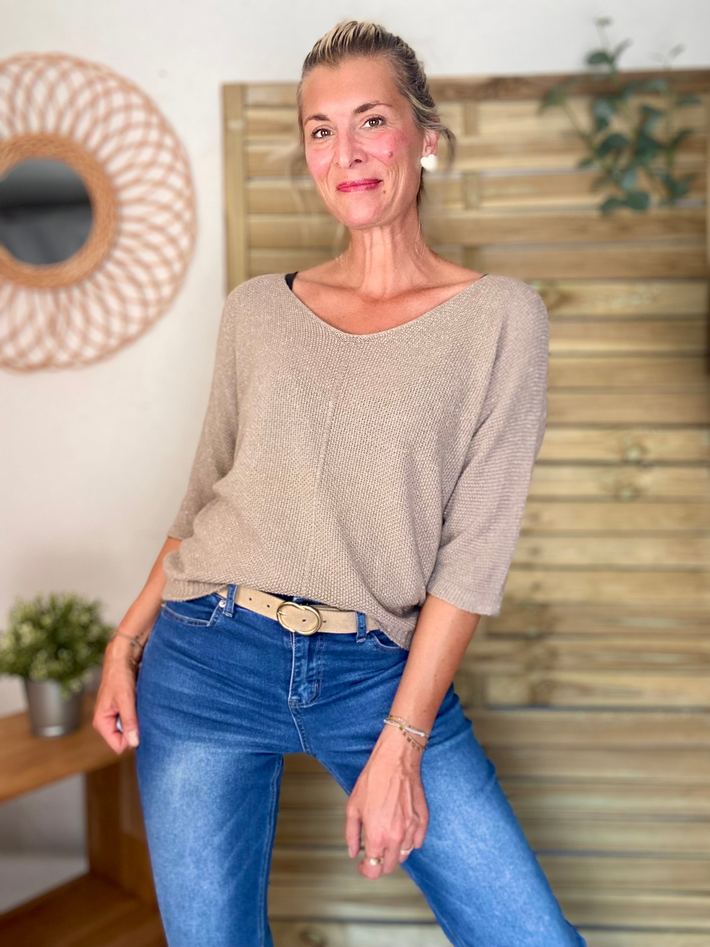 Pull fin col V avec lurex LÉONIE - Taupe