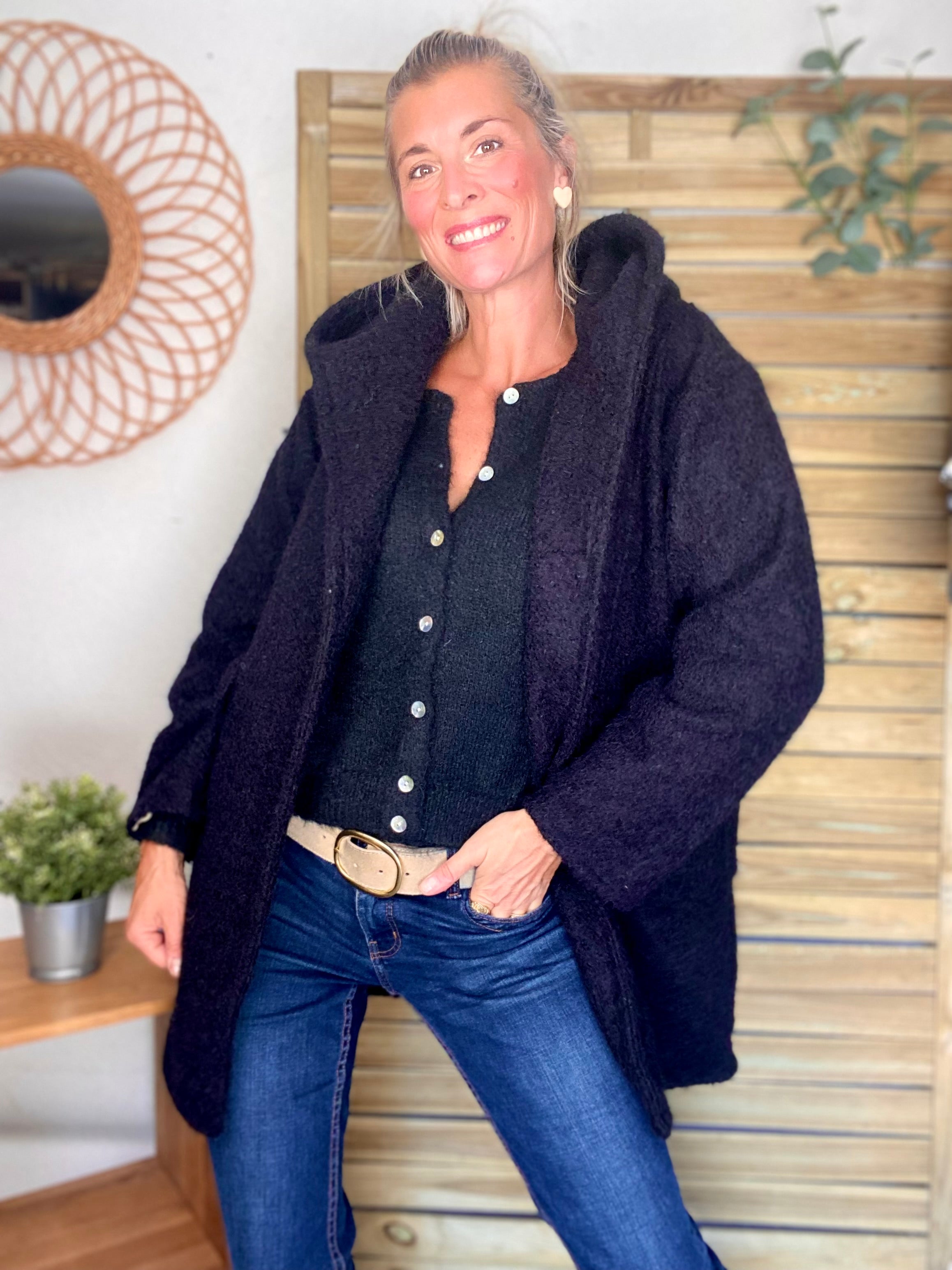 Manteau en laine EUGÉNIE avec détails Léo 🐆 - Noir
