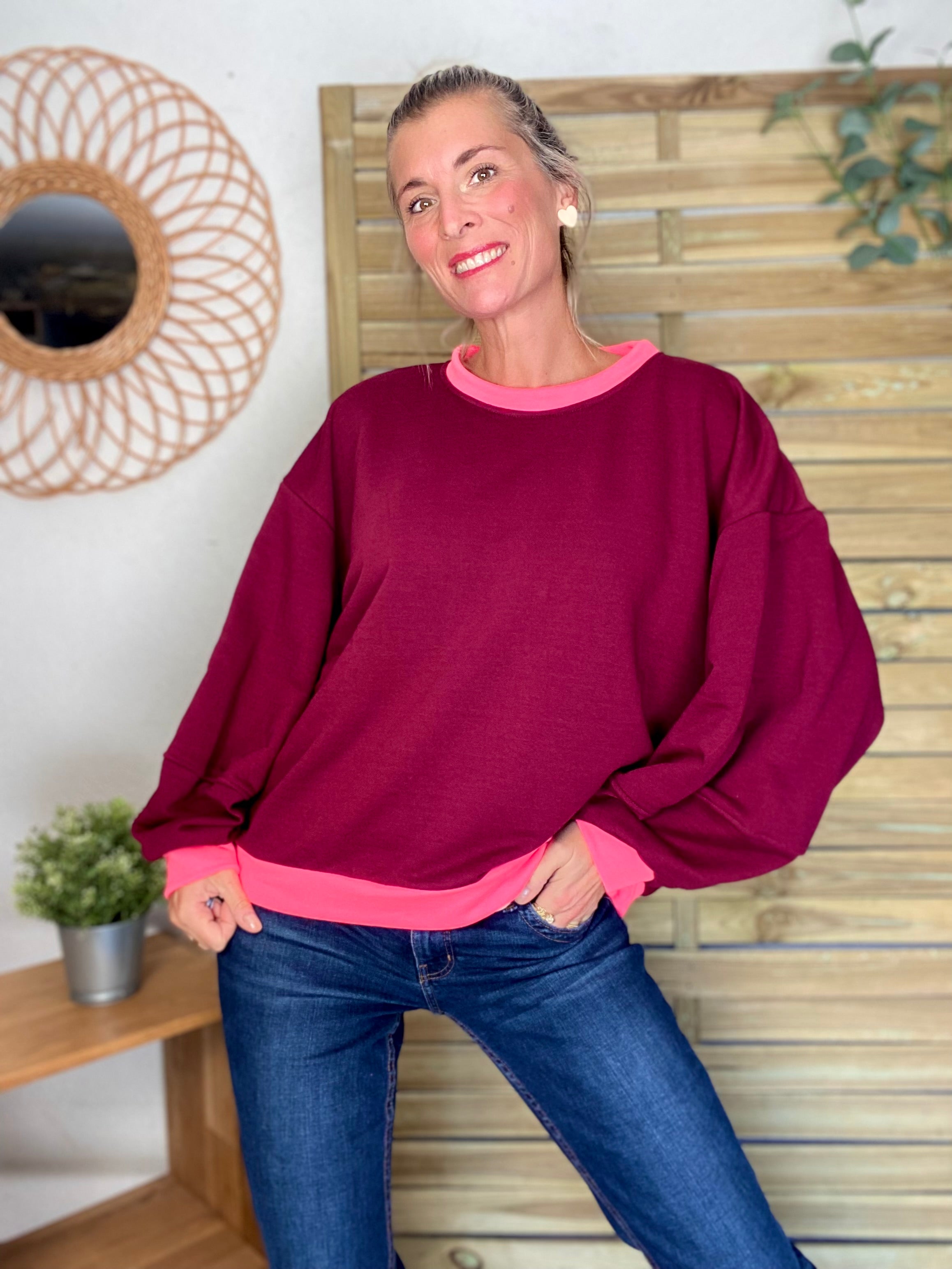 Sweat oversize uni Bordeaux/Rose fluo ISALINE