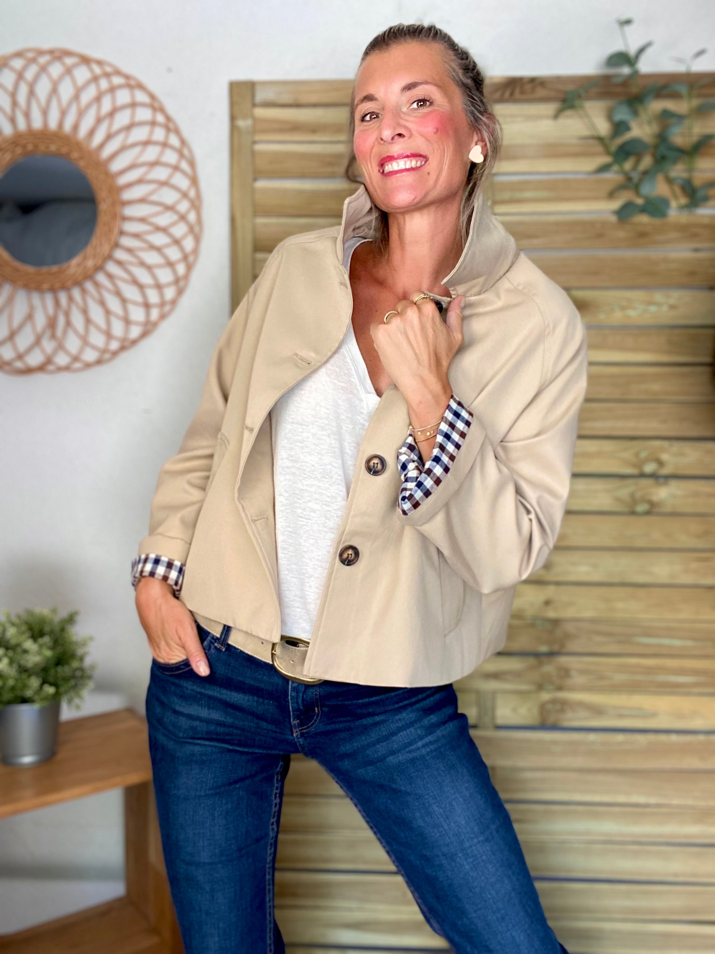 Veste Trench en coton beige avec vichy - YSEULT