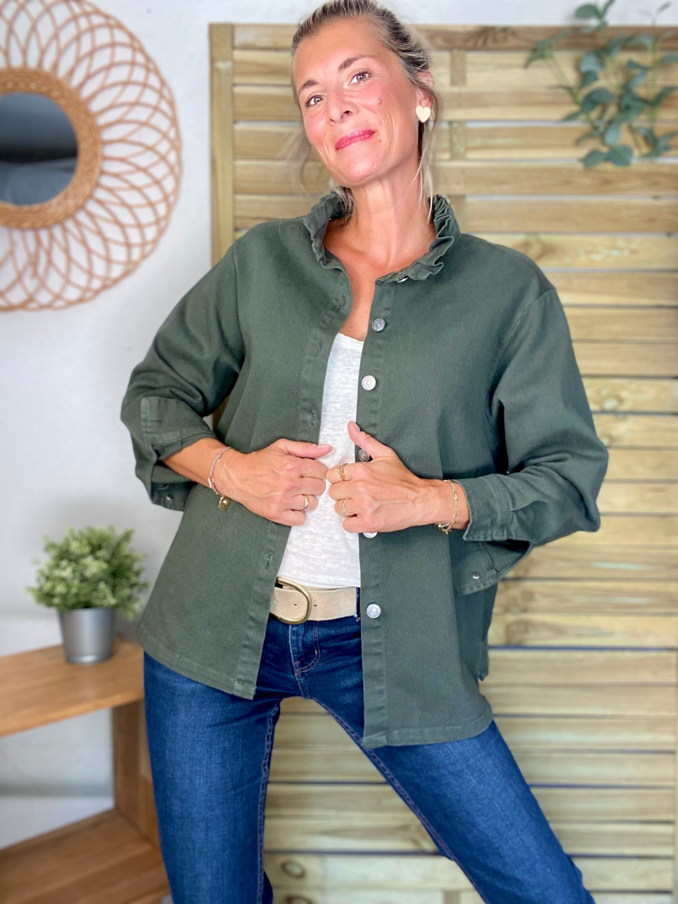 Veste / Chemise en coton, col volanté Kaki LISON