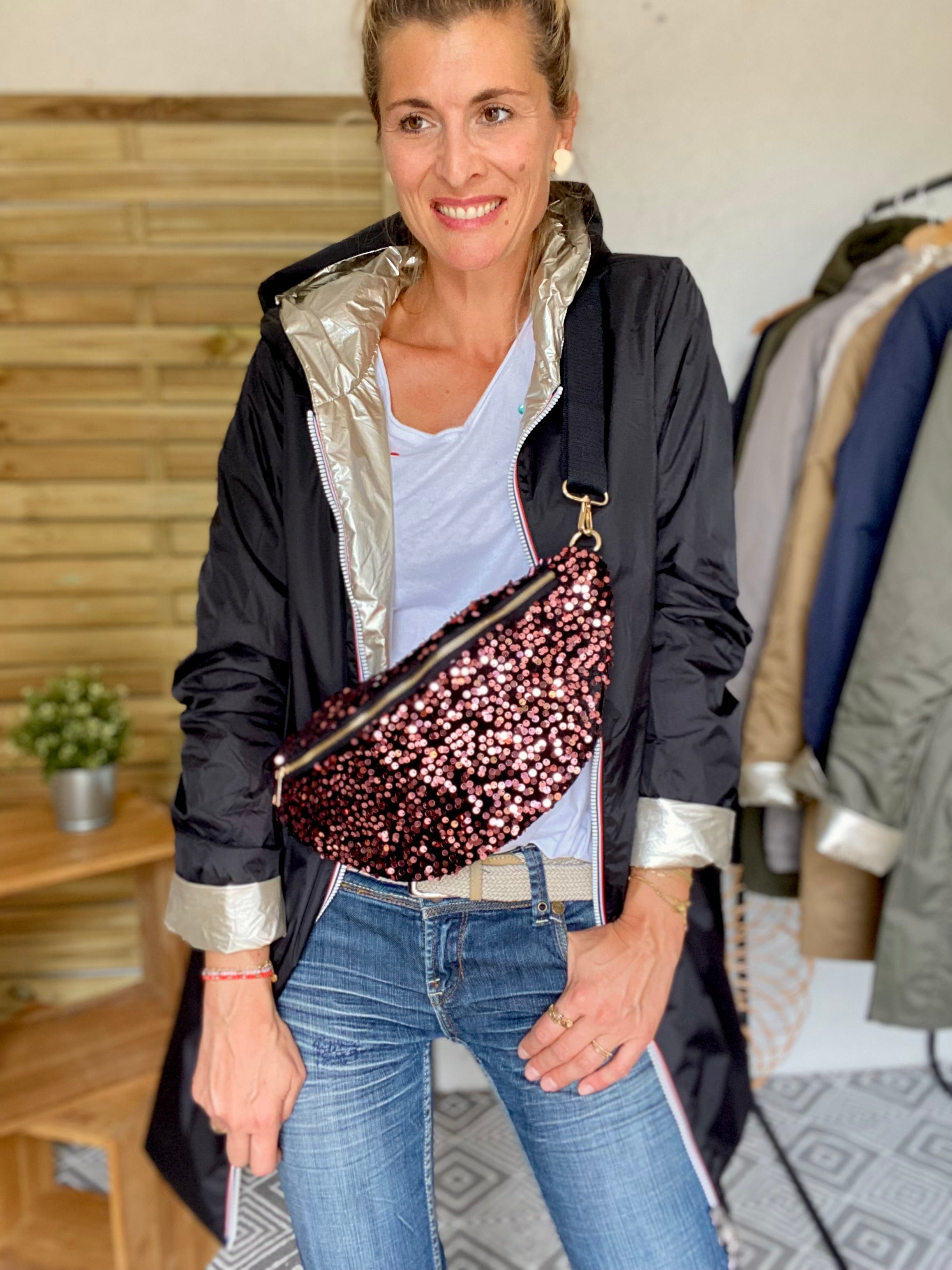 Sac banane L velours à sequins Ciao Boum - TAYLOR - Noir à sequins champagne / rosés