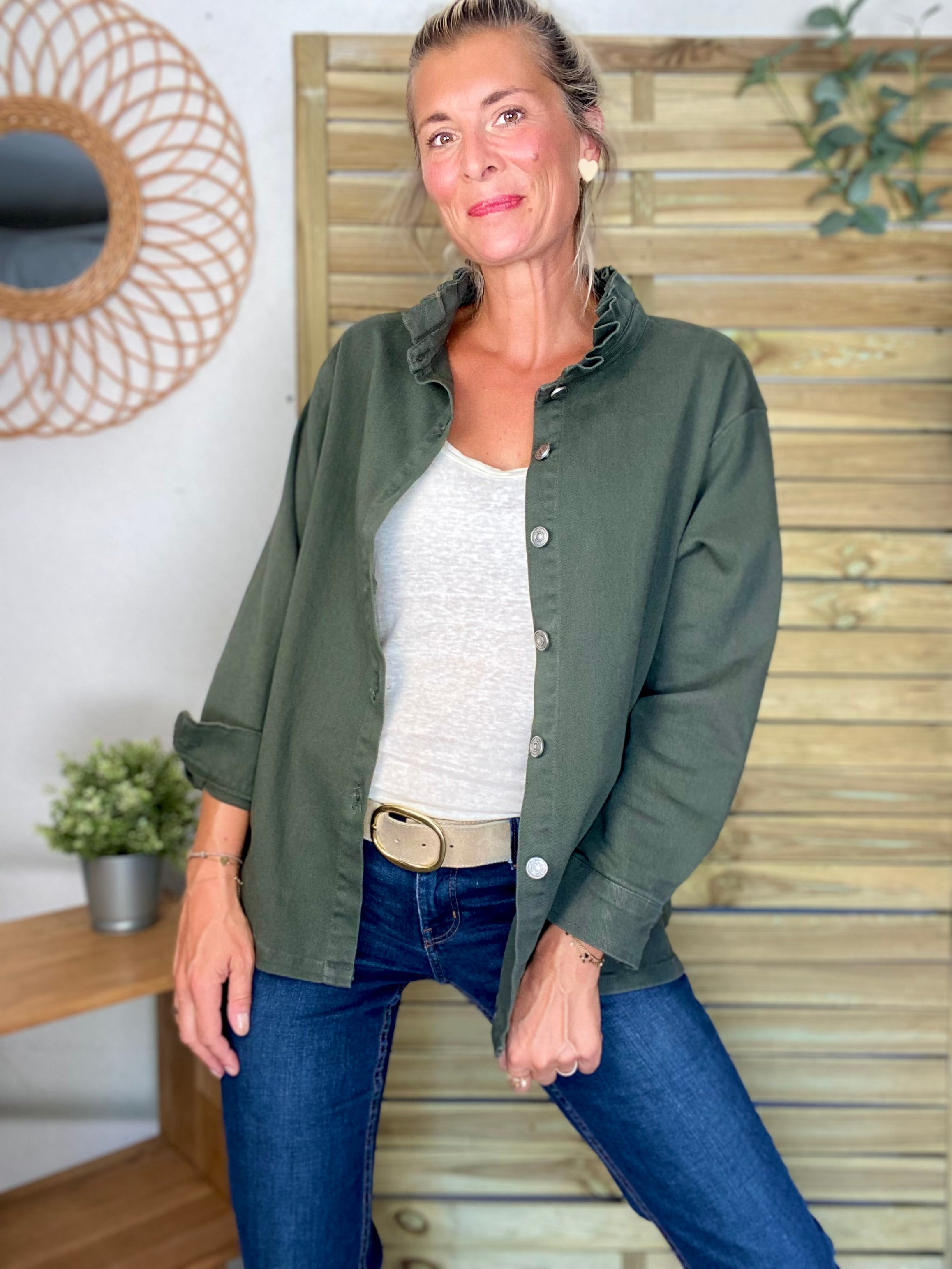 Veste / Chemise en coton, col volanté Kaki LISON
