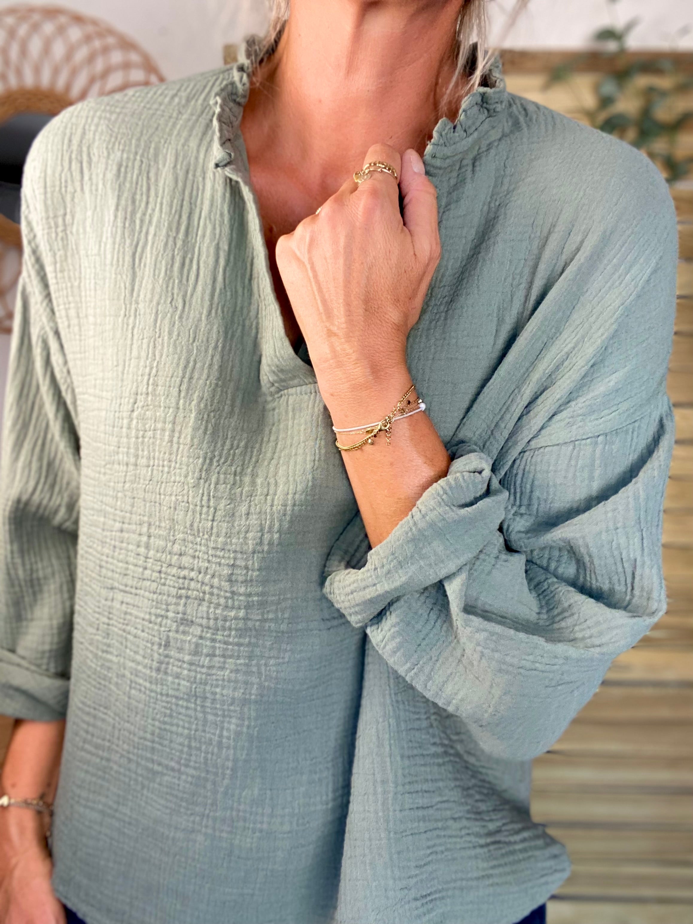 Blouse en gaze de coton SIERRA Kaki - manches longues