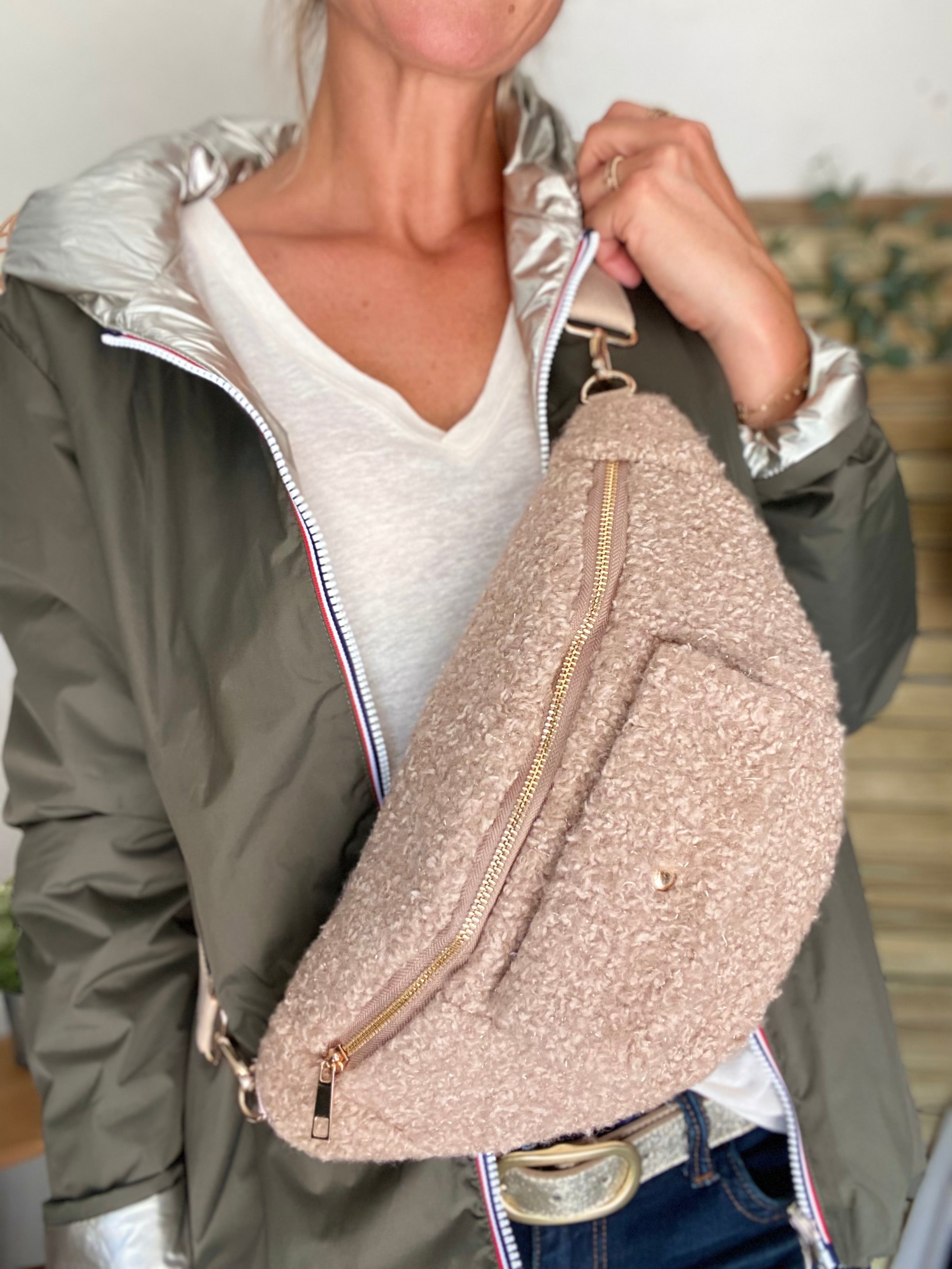 Sac banane XL moumoute lurex avec poche avant - CHELSEA - Beige taupe