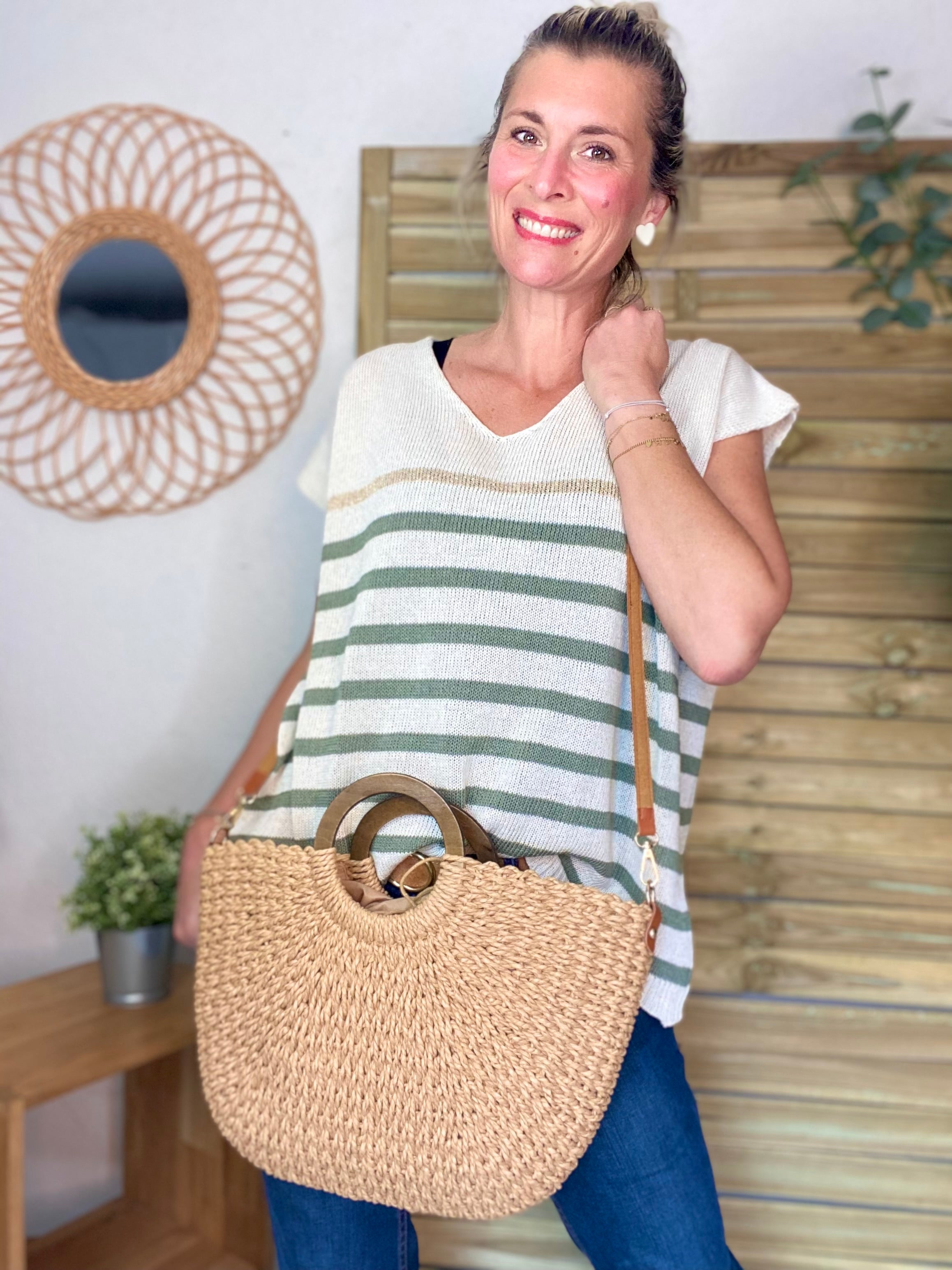 Sac à main et bandoulière en paille PAULA - Beige foncé