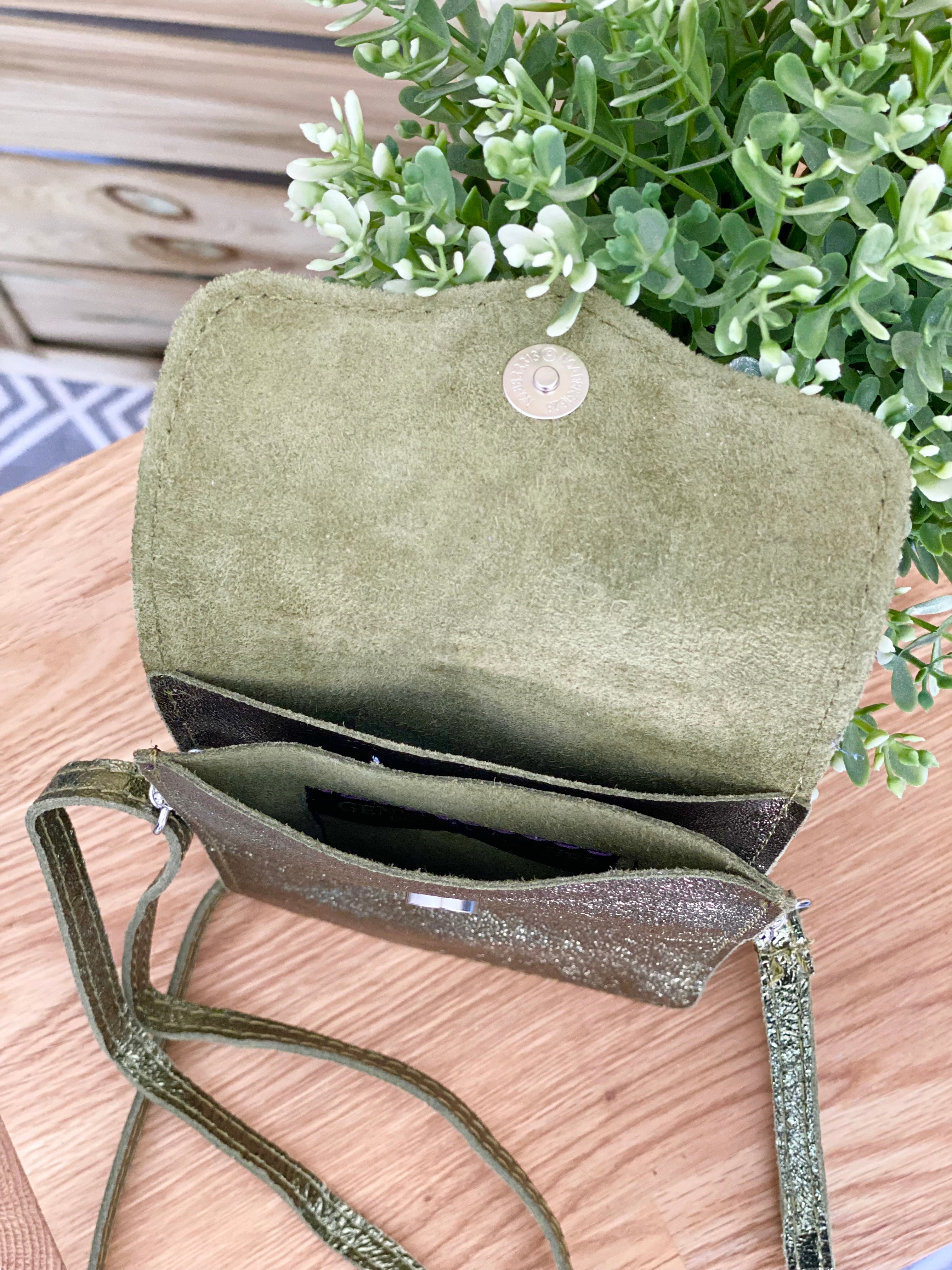 Pochette bandoulière en cuir irisé - FLORE - Kaki (7 coloris)
