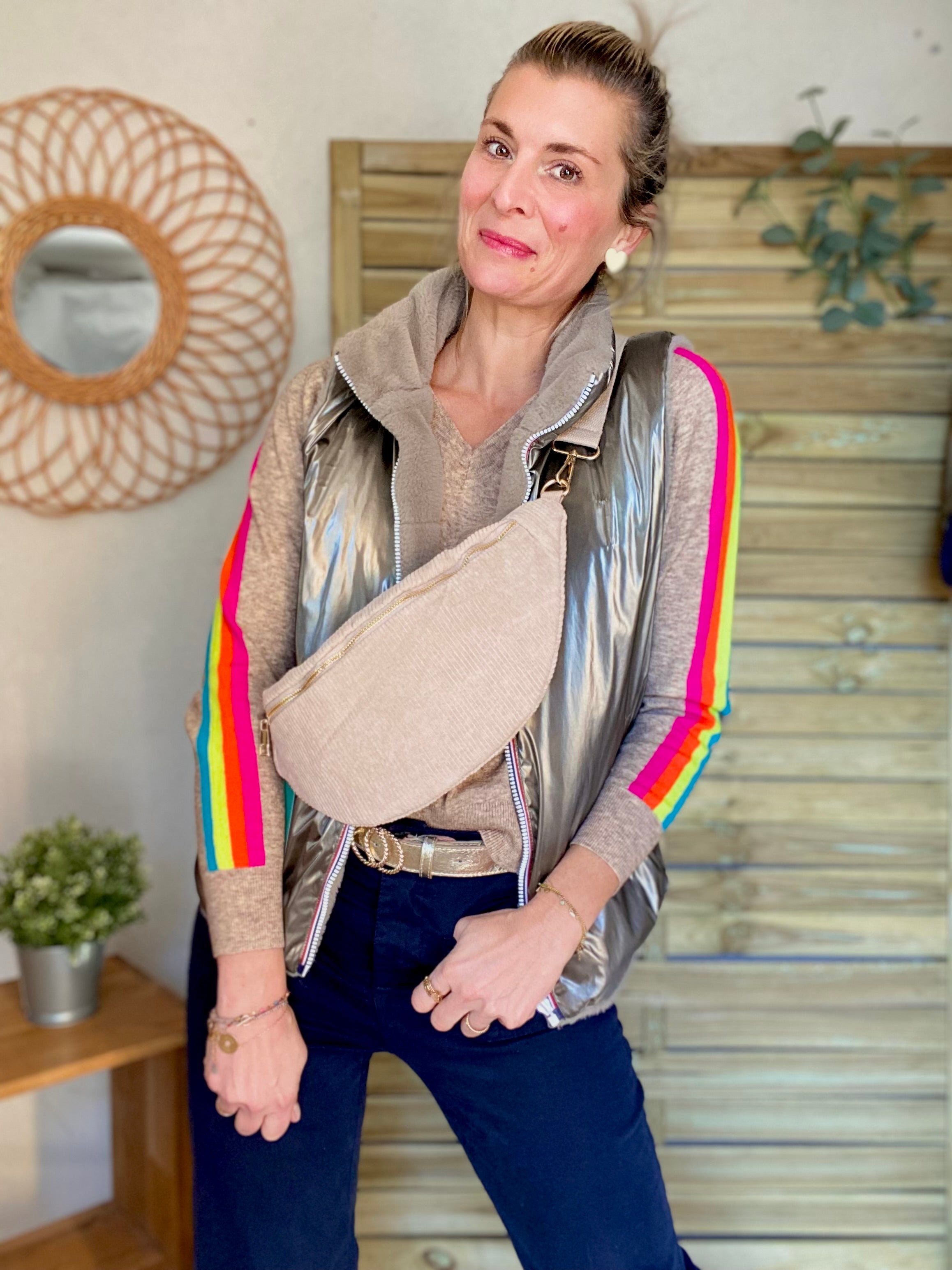 Pull fin avec bandes colorées, col V - RAINBOW 🌈 Taupe chiné