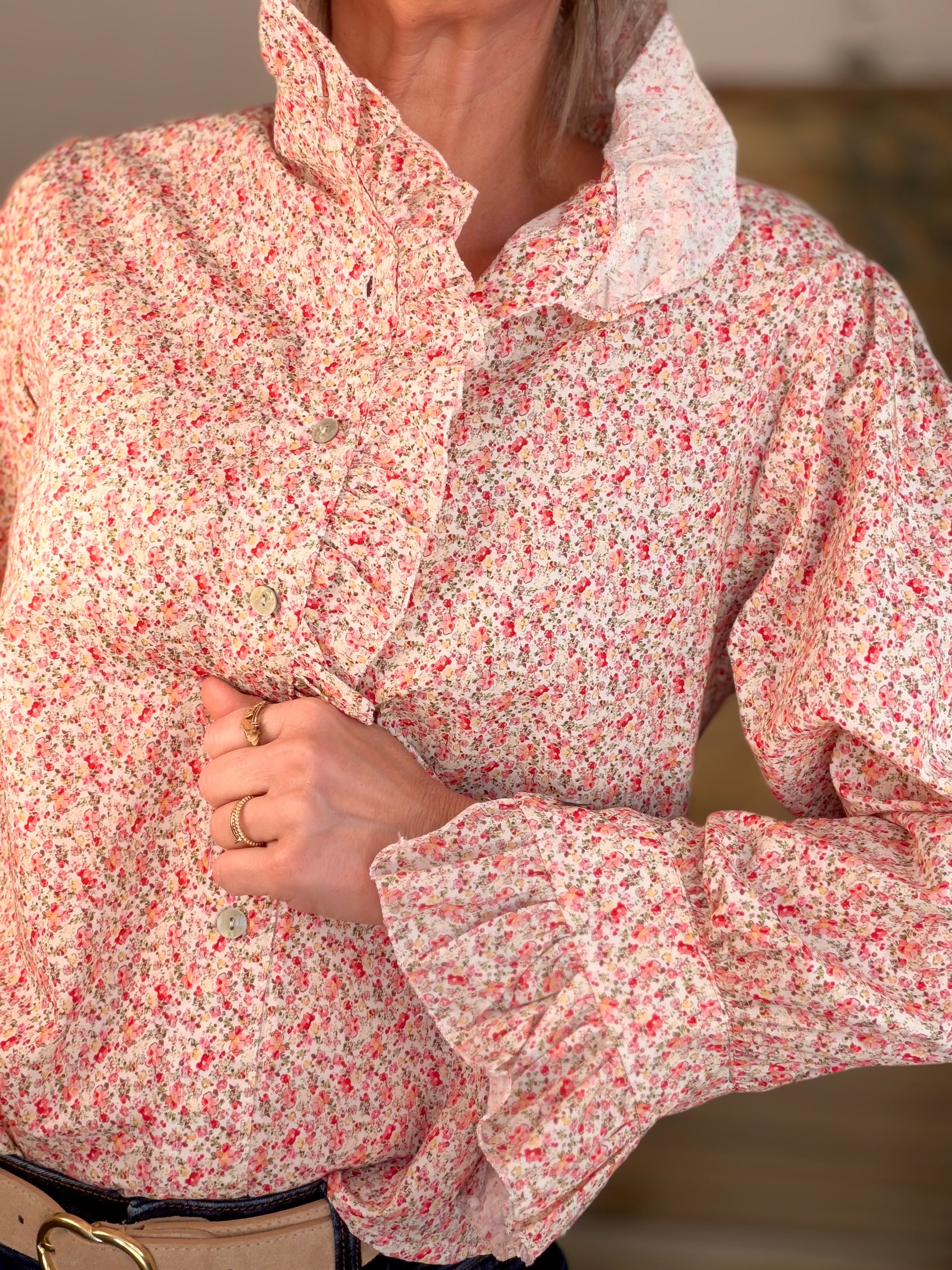 Chemise imprimée Liberty col volanté HÉLOÏSE - Rouge rosé