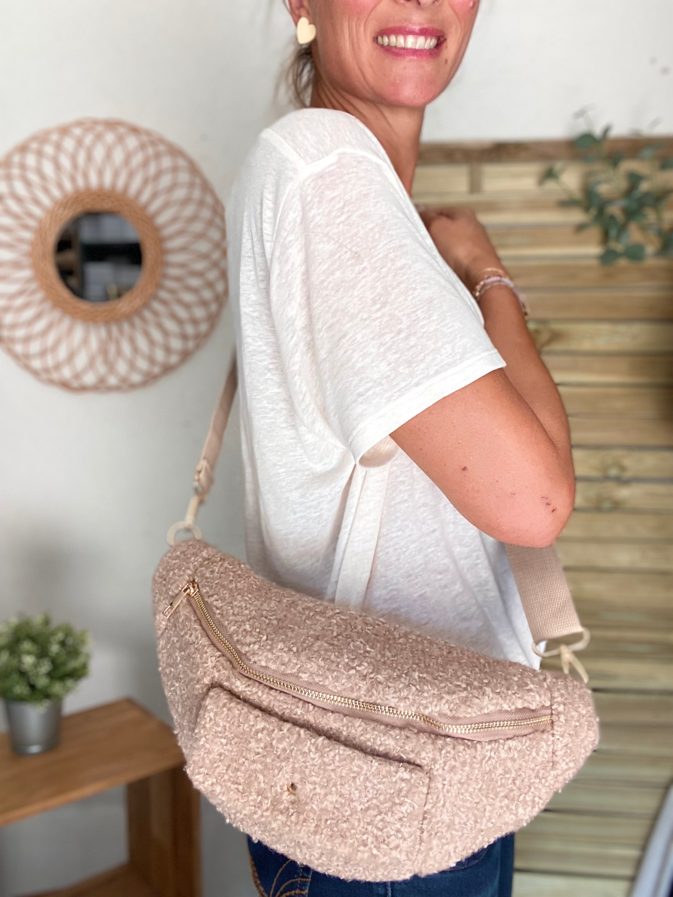 Sac banane XL moumoute lurex avec poche avant - CHELSEA - Beige taupe