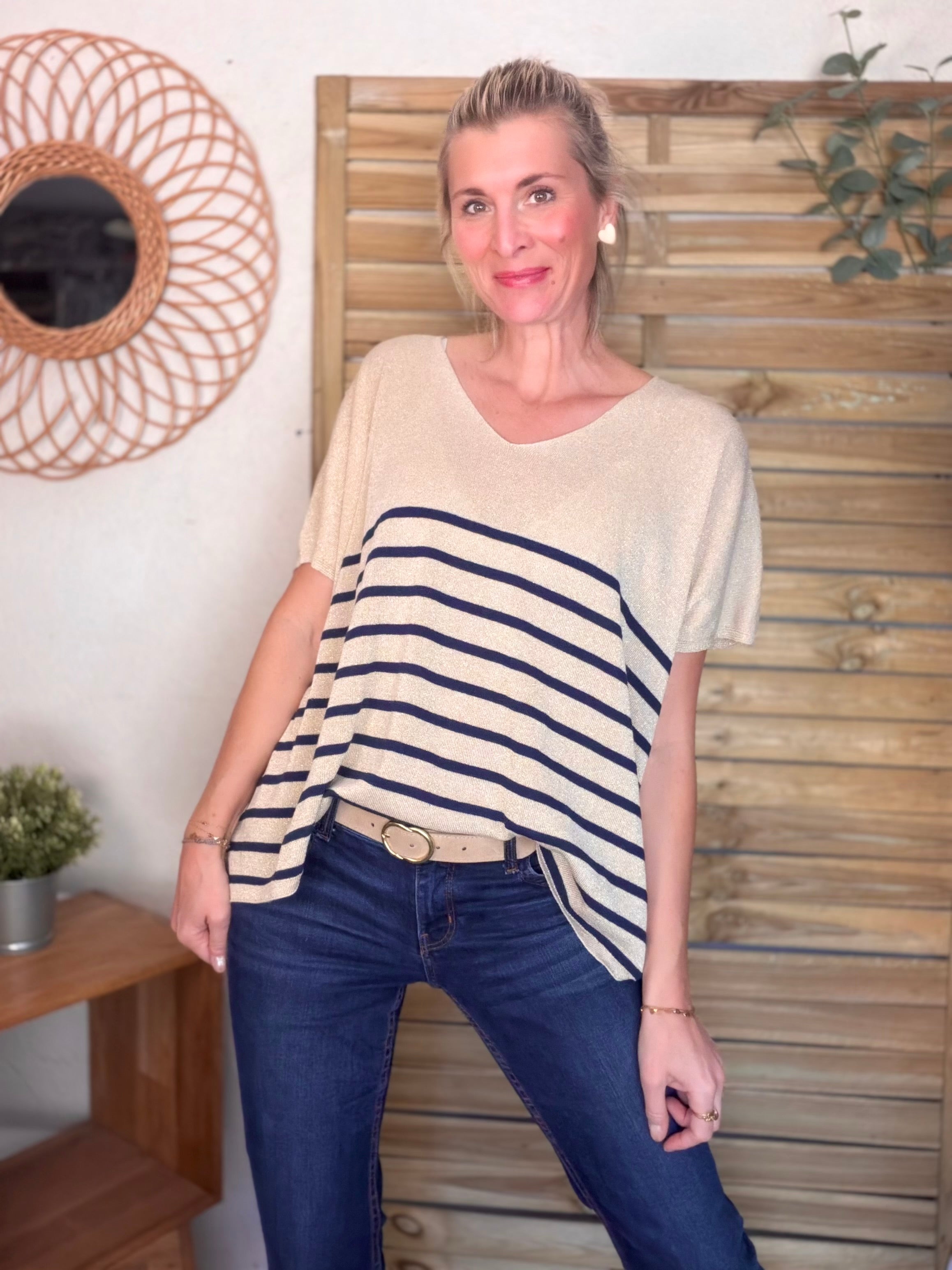 Top maille lurex col V IRINA Bleu marine