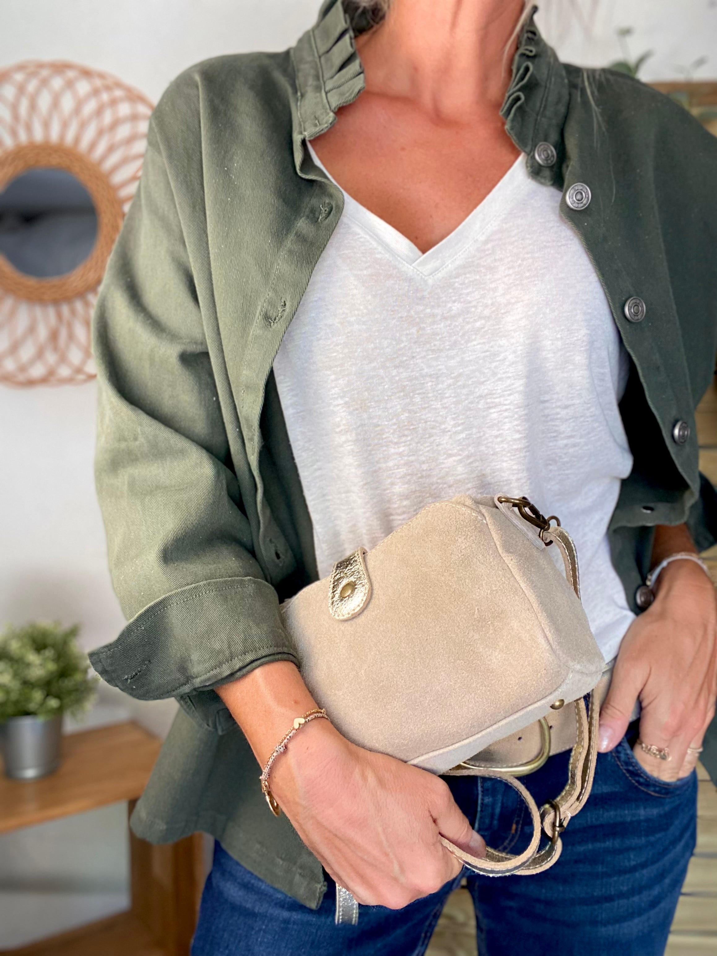 Sac bandoulière en cuir EZRA - Beige/Doré