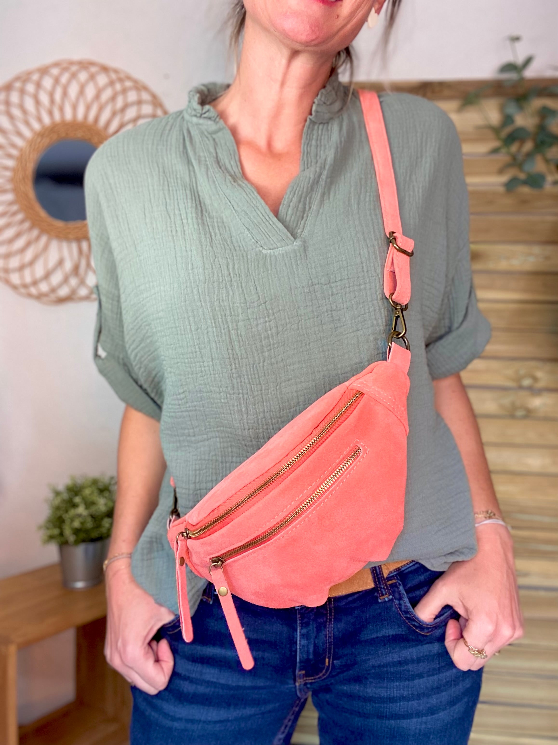 Sac banane double poche en cuir daim - OPALINE - Corail