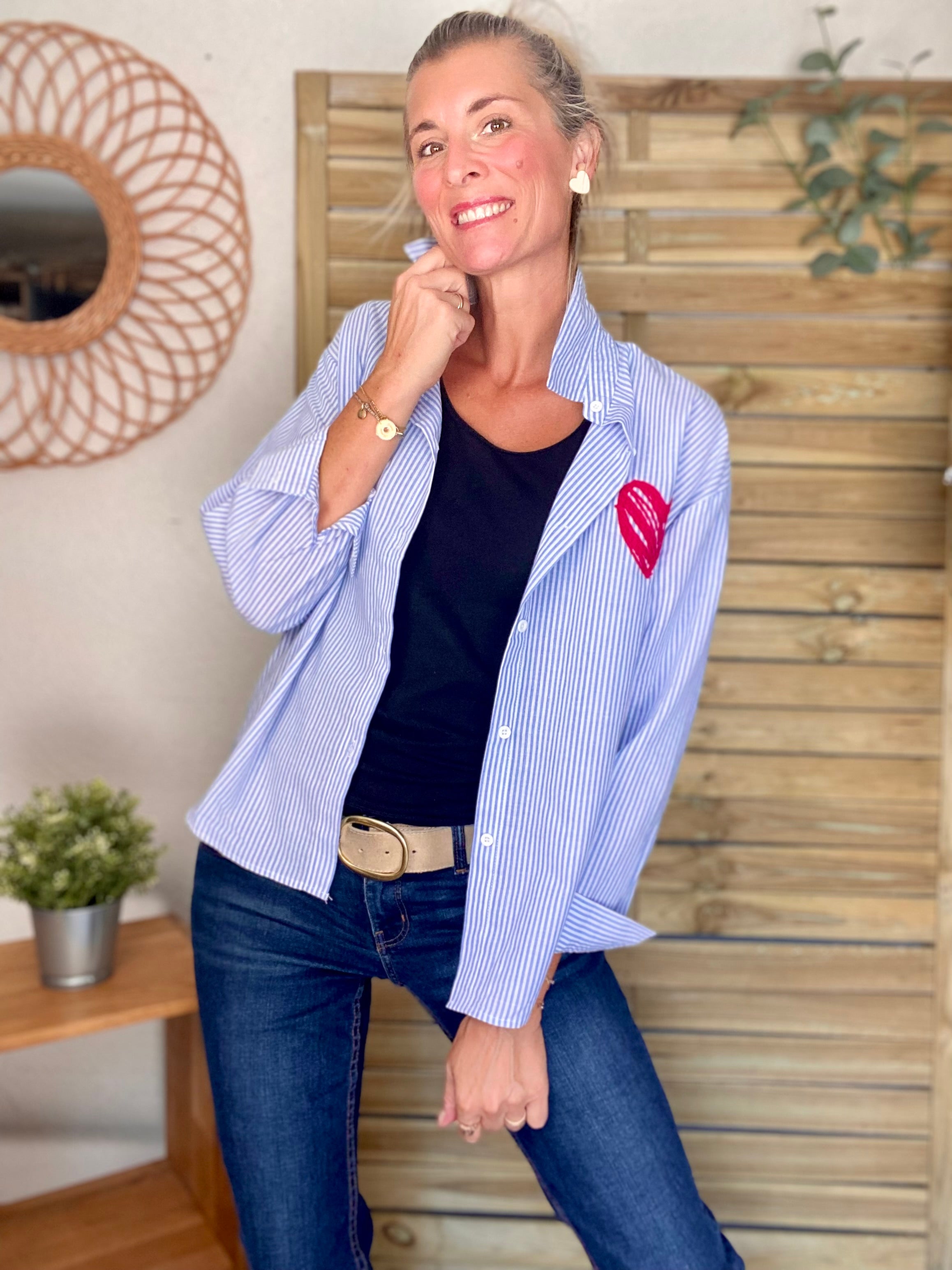 Chemise rayée brodée LOVE multico LANA - Bleue