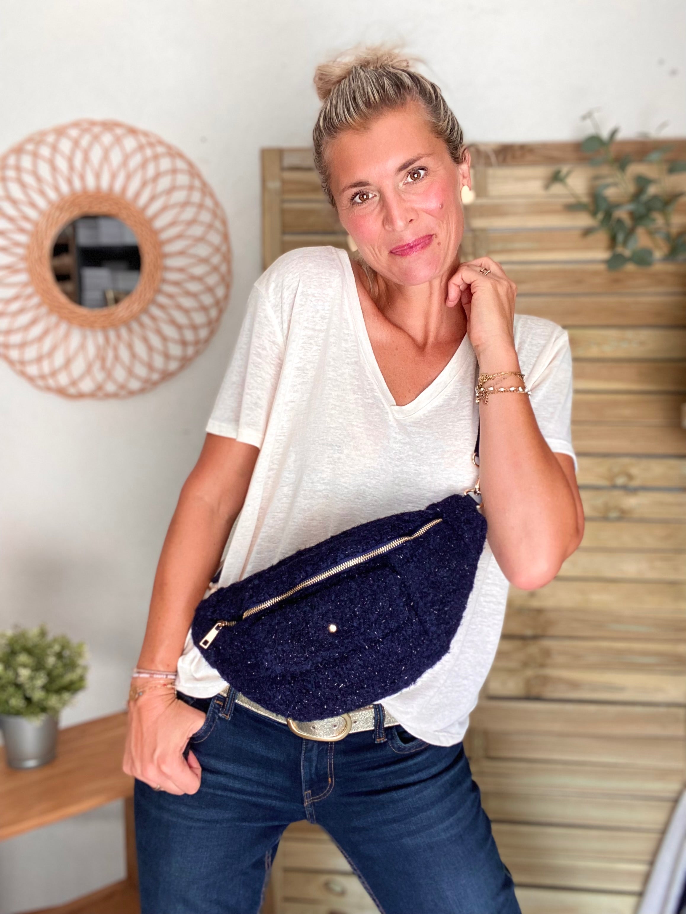 Sac banane XL moumoute lurex avec poche avant - CHELSEA - Marine