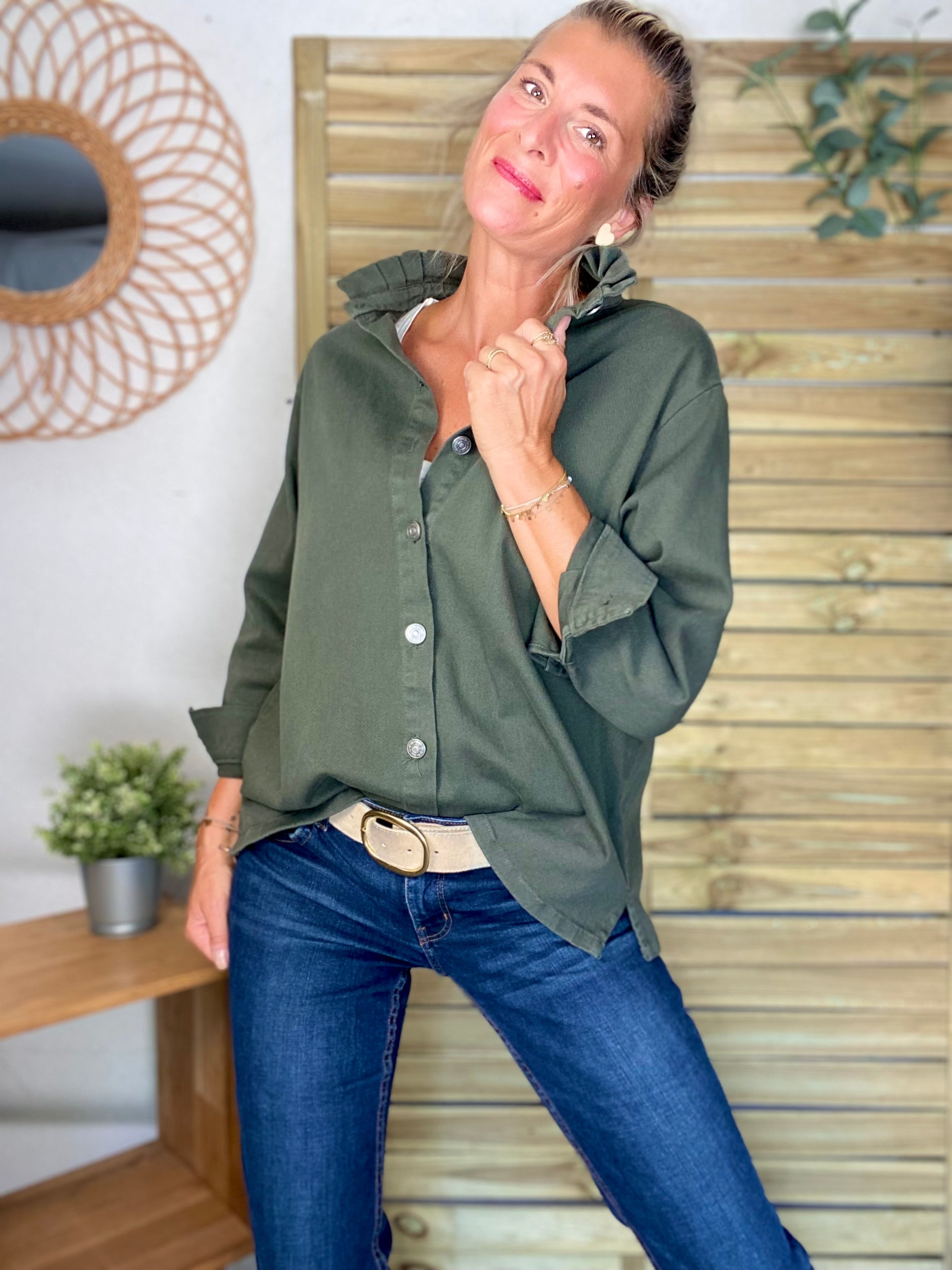 Veste / Chemise en coton, col volanté Kaki LISON