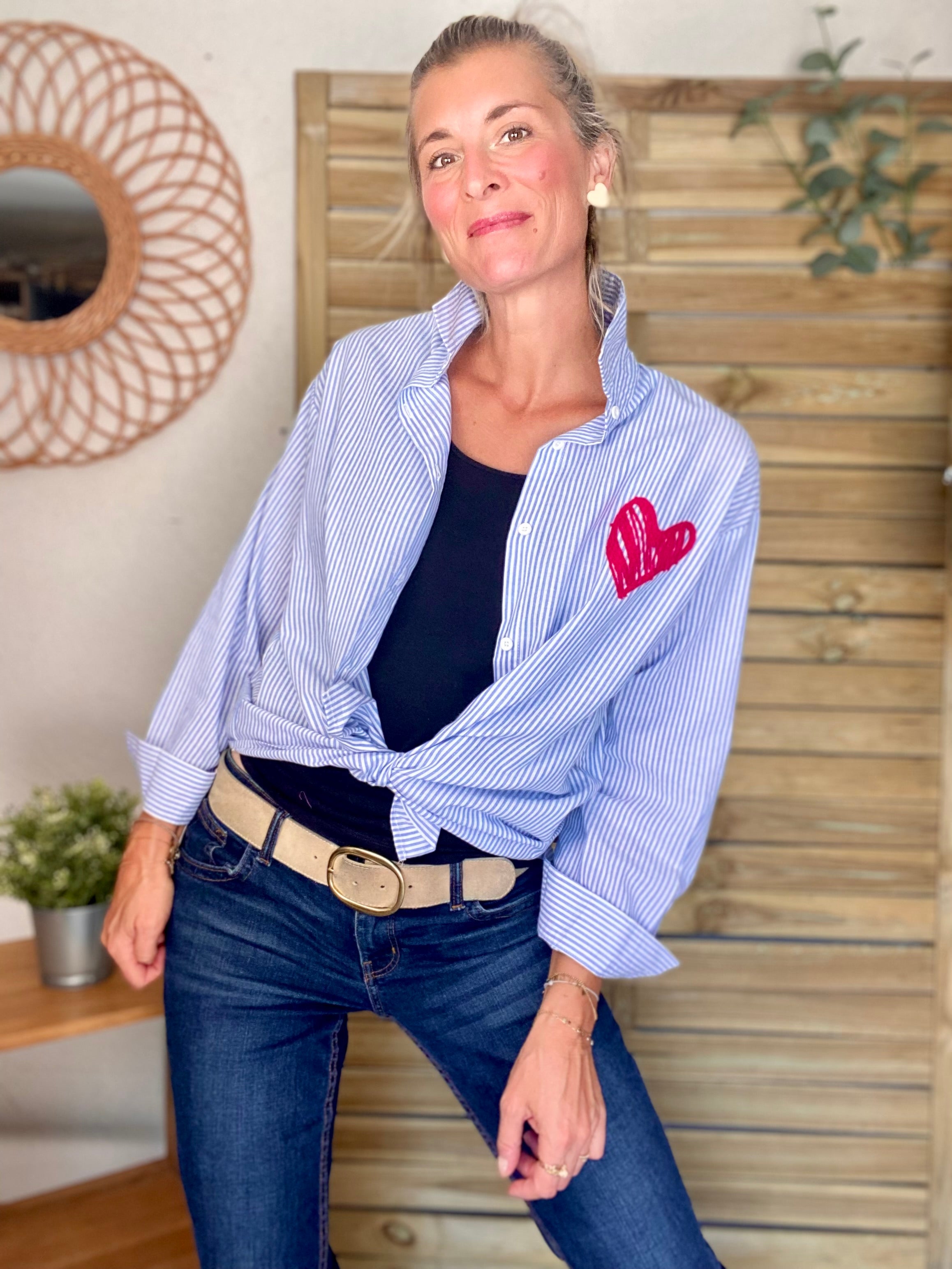 Chemise rayée brodée LOVE multico LANA - Bleue