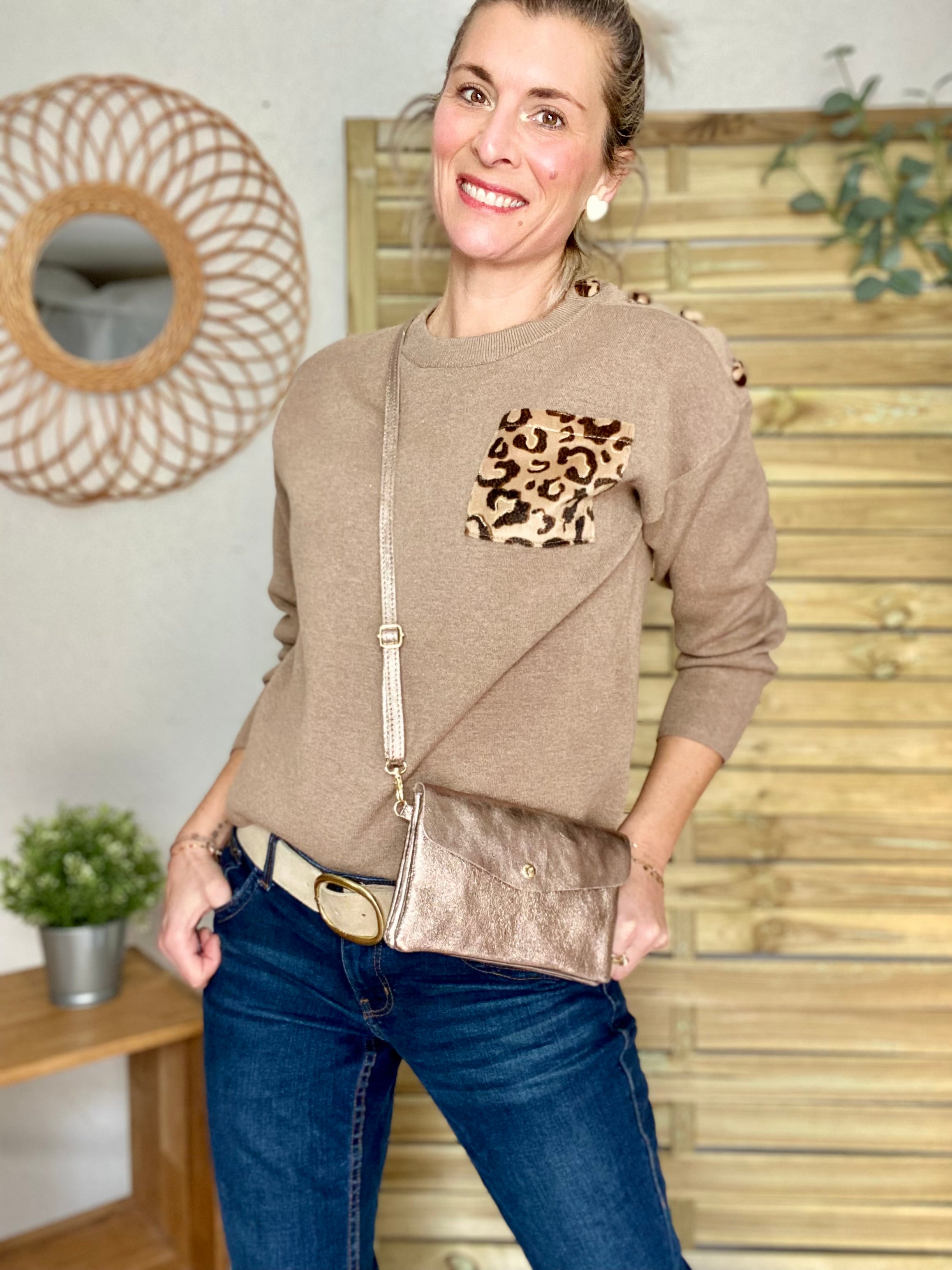 Sac bandoulière / Pochette en cuir irisé - BETTY - Bronze
