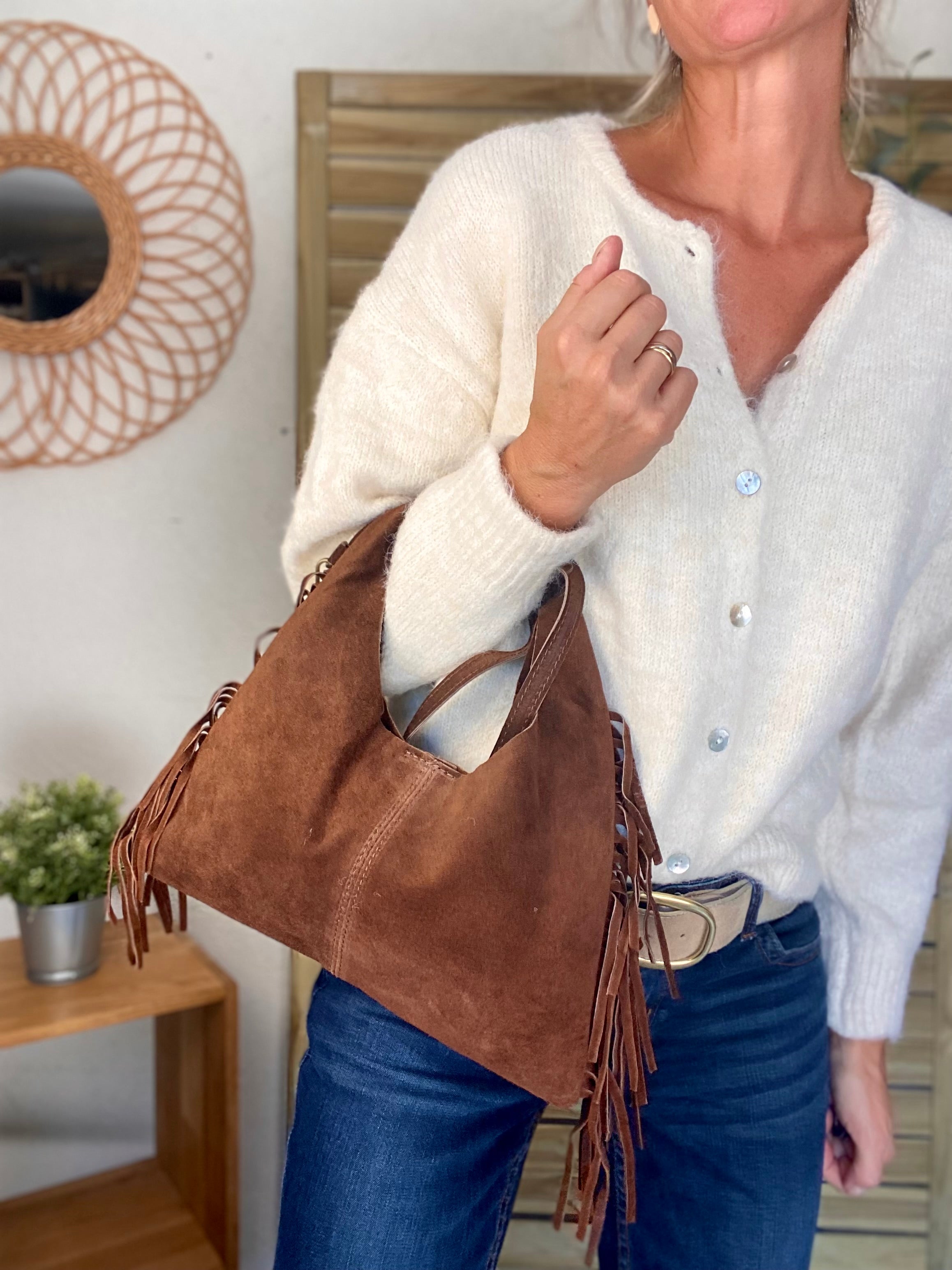 Sac en cuir daim avec franges AARON - Chocolat