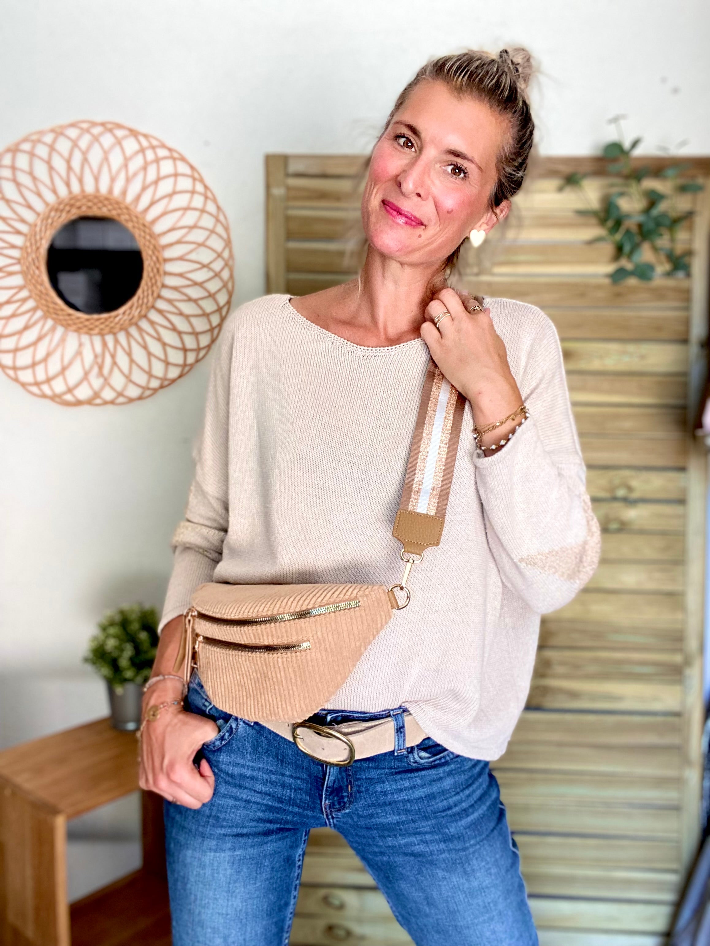 Sac banane en velours côtelé 2 zips et sangle fantaisie - CHARLY - Camel clair (côtelé large)