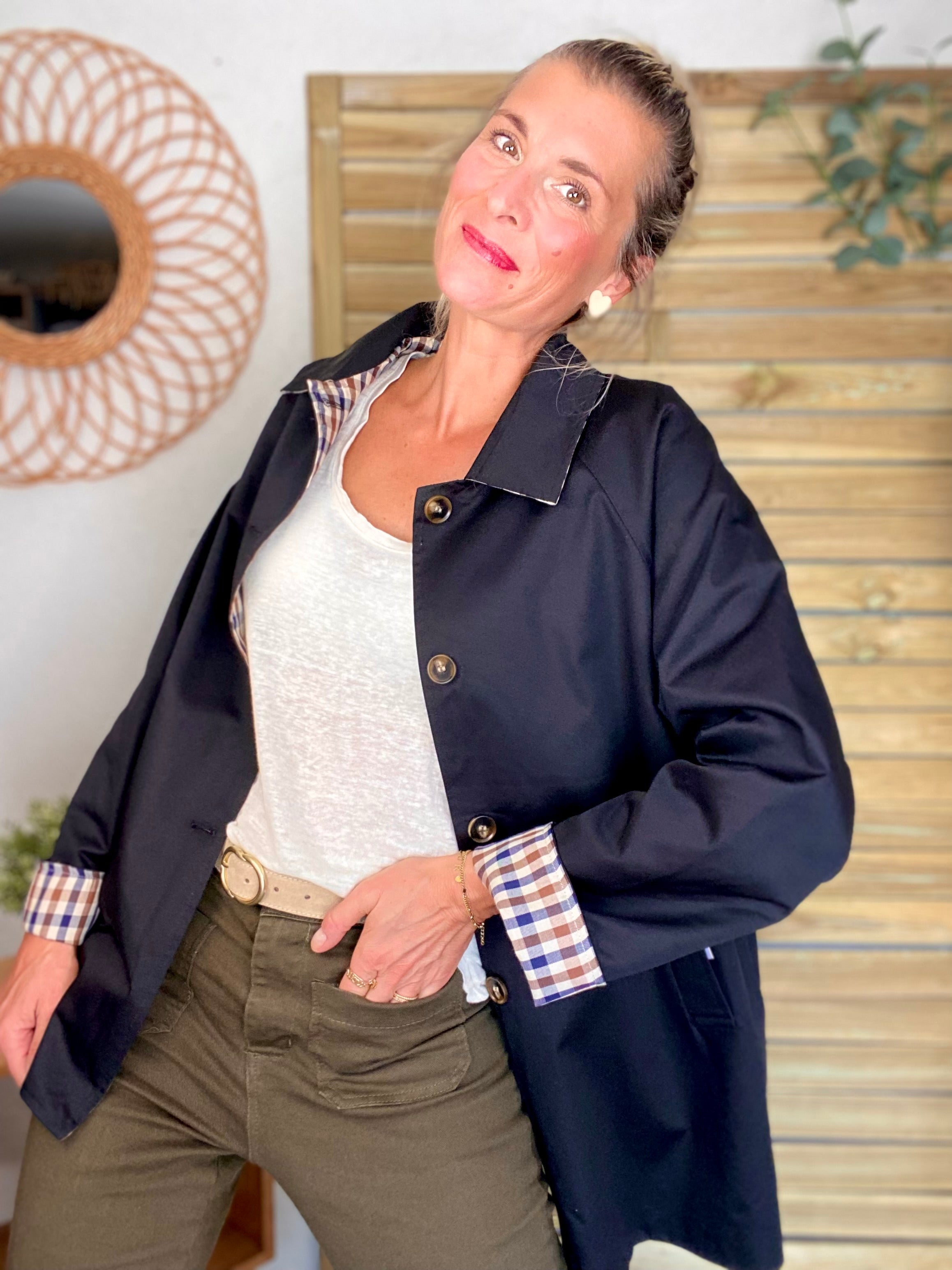 Veste Trench mi long réversible vichy LENA - Noir