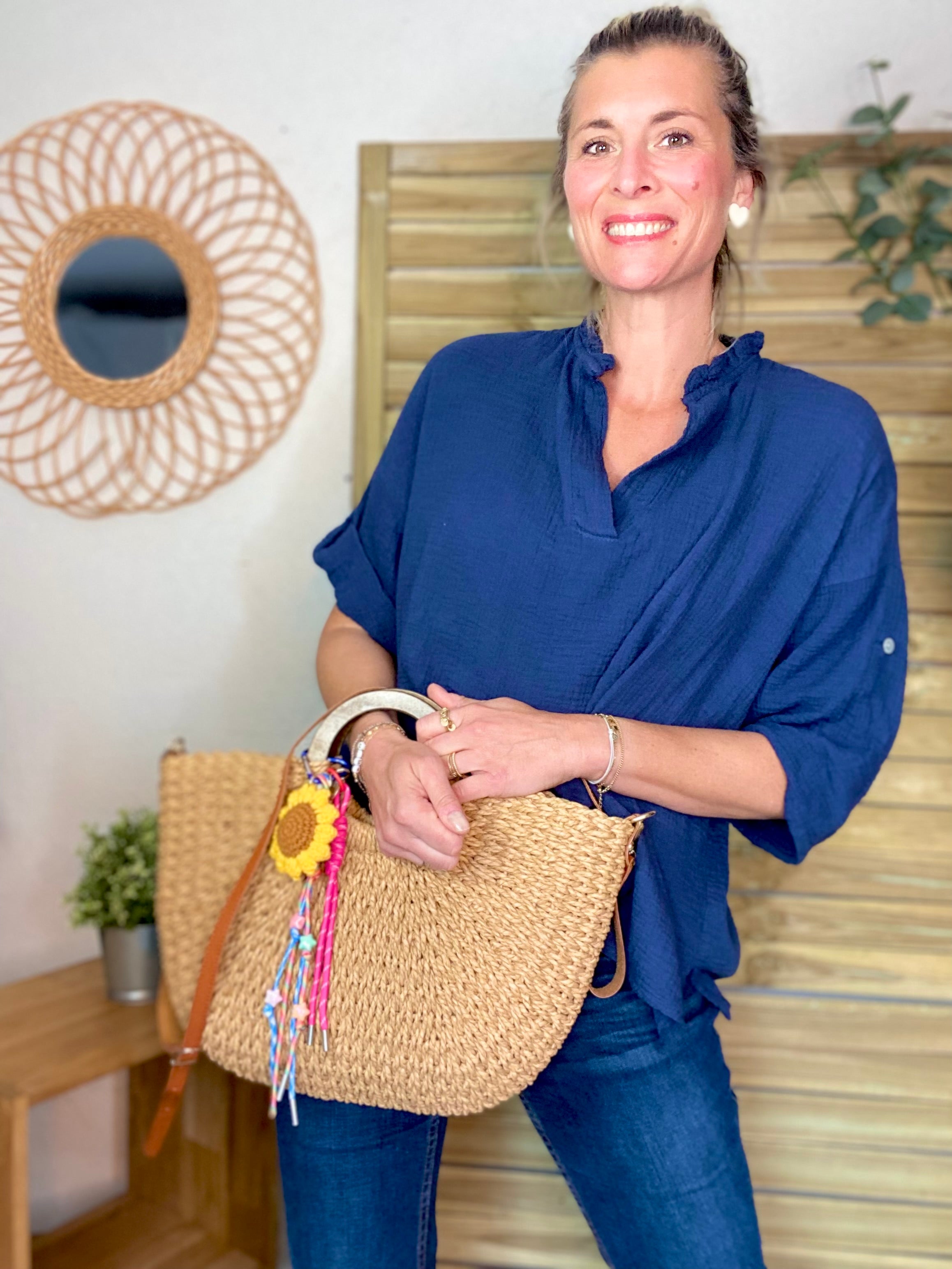 Sac à main et bandoulière en paille PAULA - Beige foncé