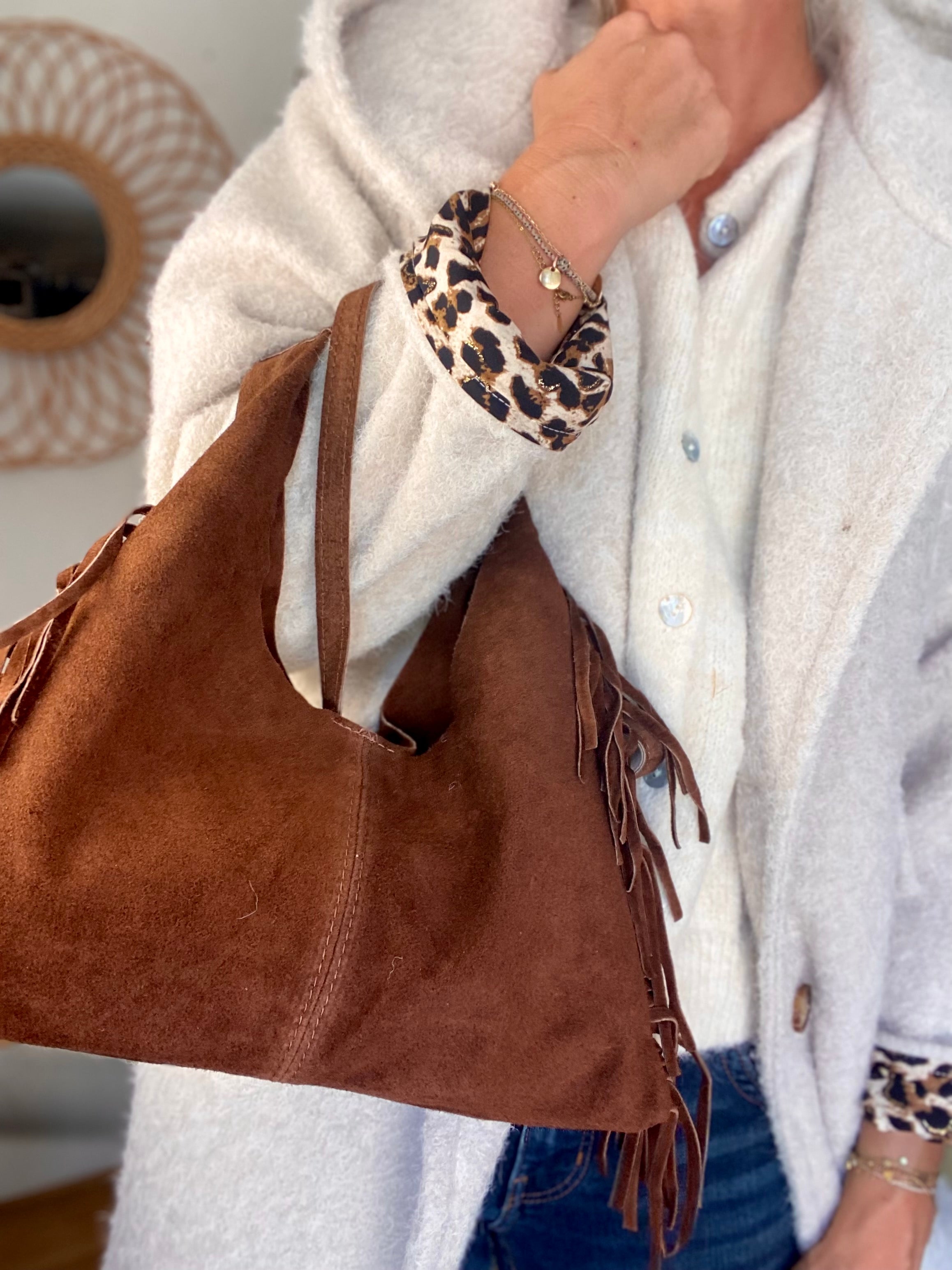 Sac en cuir daim avec franges AARON - Chocolat